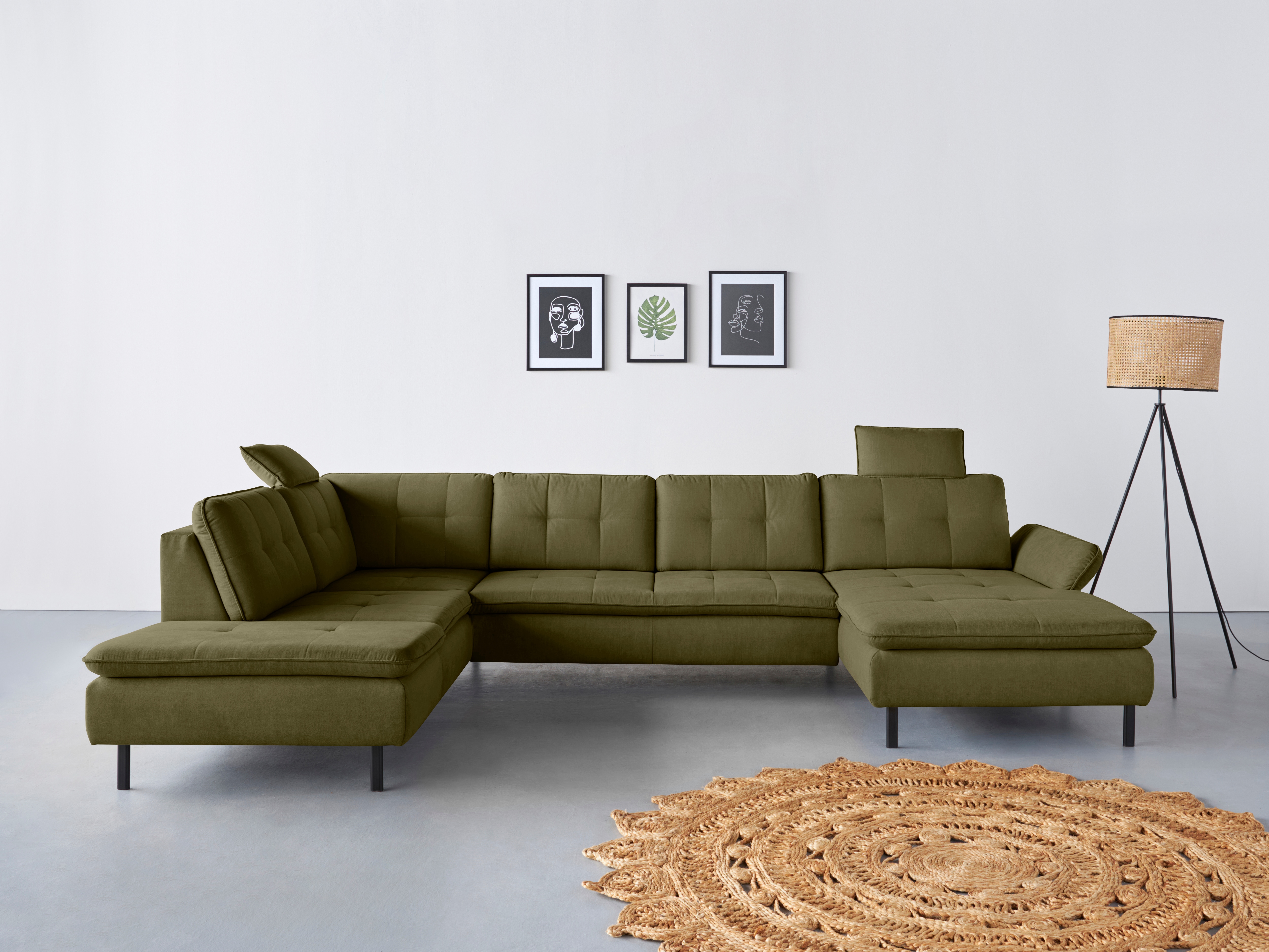 Wohnlandschaft HOME AFFAIRE "Birkholm U-Form", grün (olive), B:347cm H:83cm T:226cm, 98% Polyester 2% Polyamid, Sofas, Wohnlandschaft, Armlehnverstellung, auch in Easy Clean Bezug - mit Wasser zu reinigen
