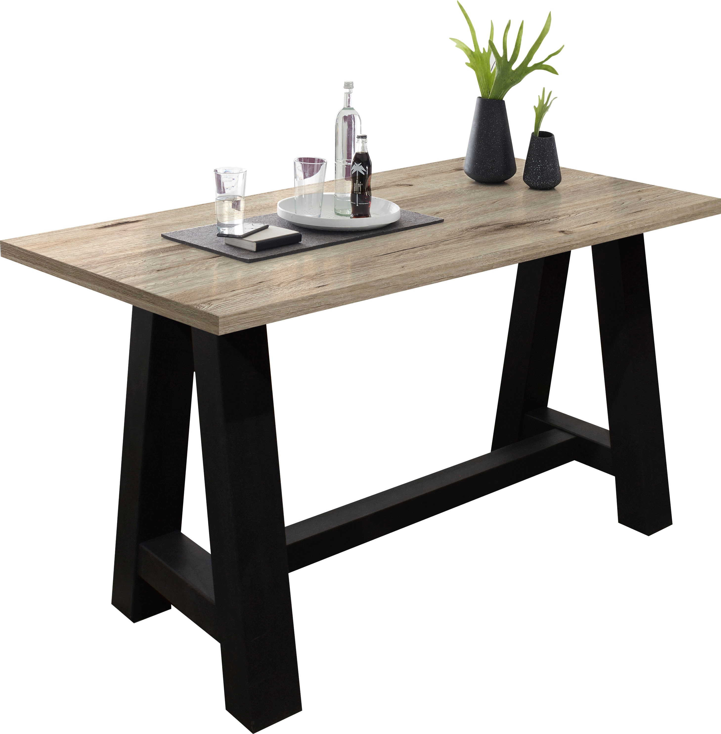 Bartisch MÄUSBACHER, schwarz (schwarzstahl, sandeichefarben, schwarzstahl), B:120cm H:105cm T:70cm, Tische, Bartisch, Gestell in A-Form (Breite 120, 140 oder 160 cm)