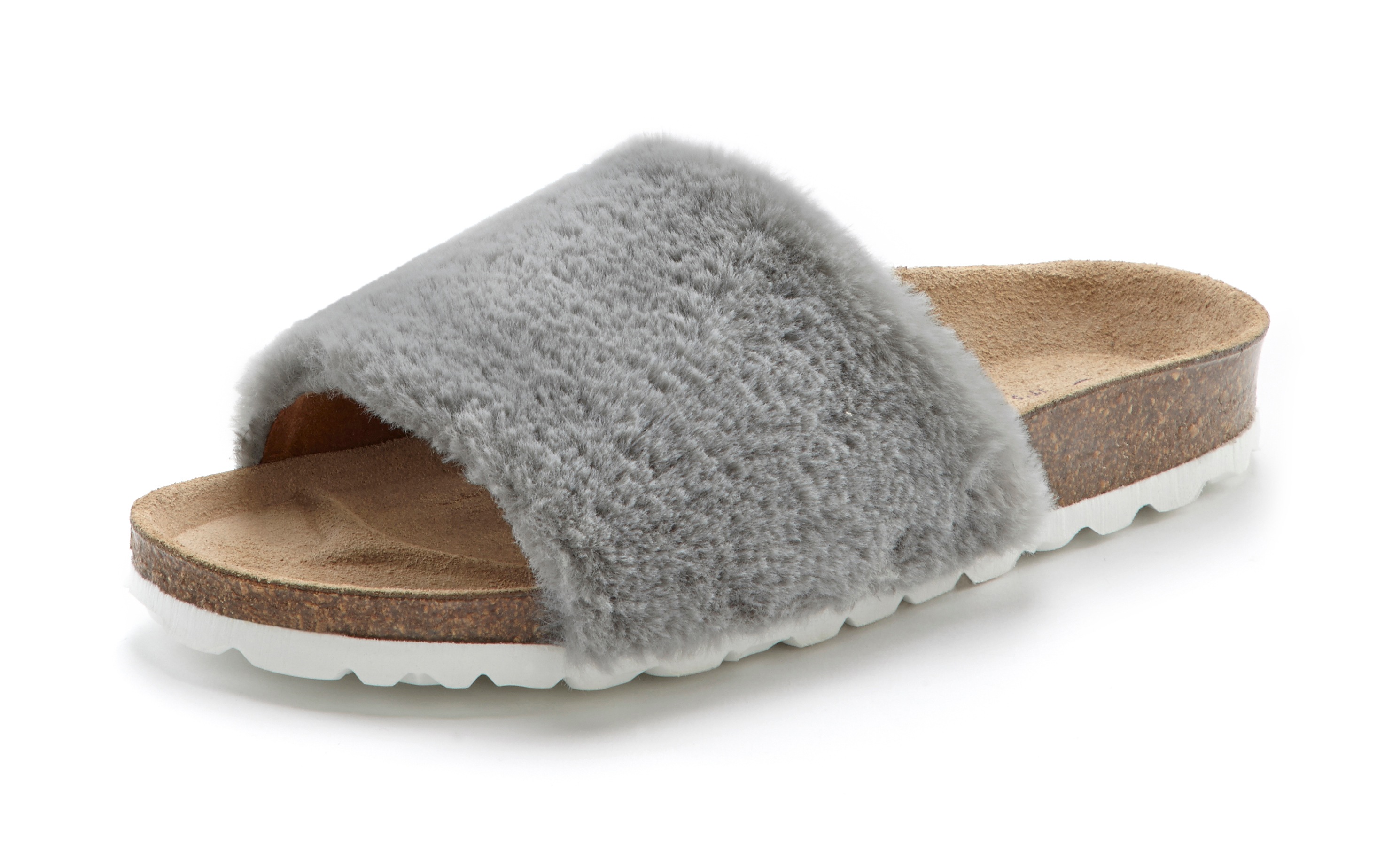 Hausschuh LASCANA "Pantolette", Damen, Gr. 38, grau, Obermaterial: 100% Synthetik. Decksohle: 100% Rindsleder. Laufsohle: 100% Synthetik, Fellimitat, unifarben, Schuhe Pantoffeln Plüsch Hausschuh Pantolette, Mule, Sandale, offener Schuh,...