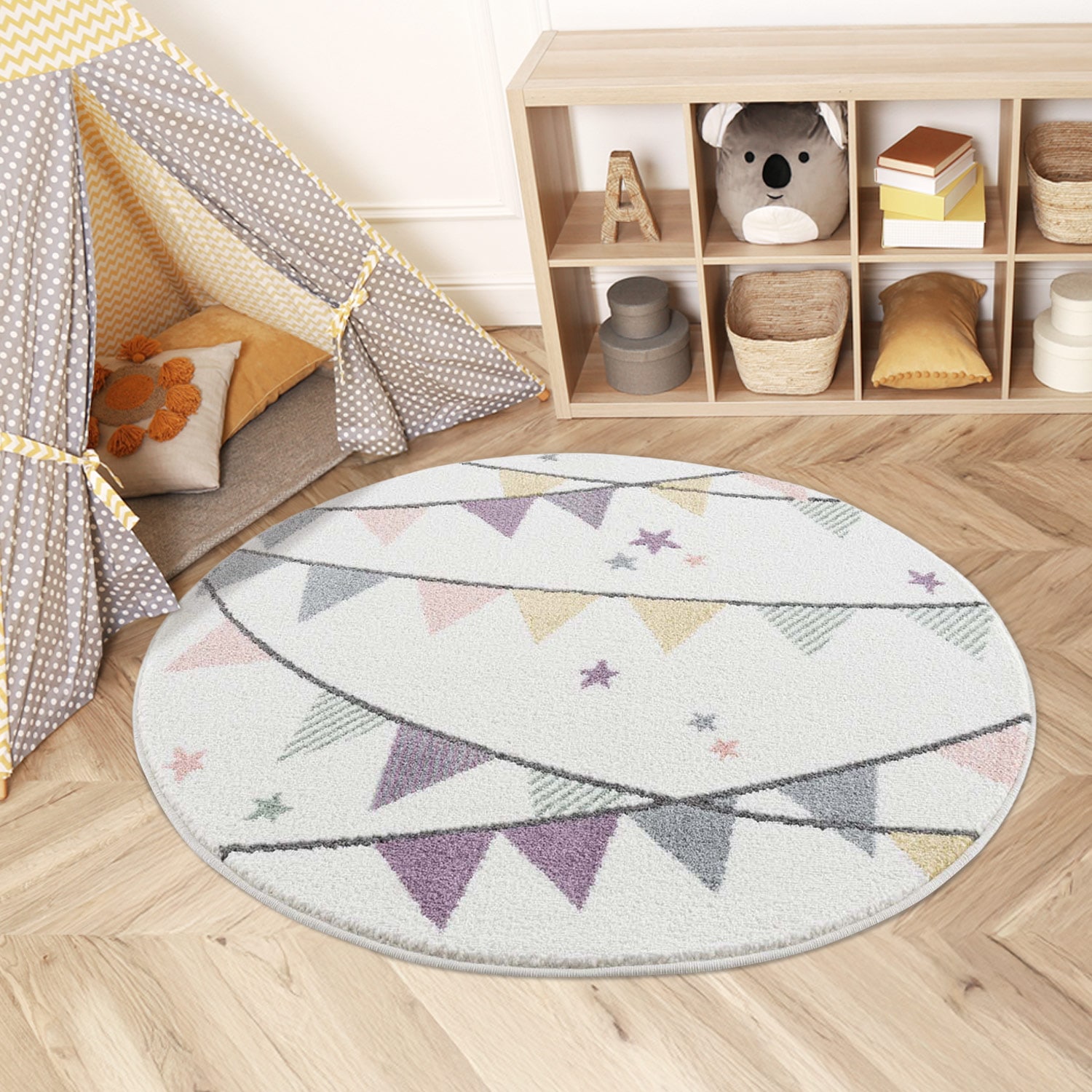 Kinderteppich CARPET CITY "Anime9381", beige (creme), H:11mm Ø:120cm, Polypropylen (PP), Teppiche, Spielteppich, Spielteppich, Wimpel, Weicher Flor, Pflegeleicht, Kinderzimmer