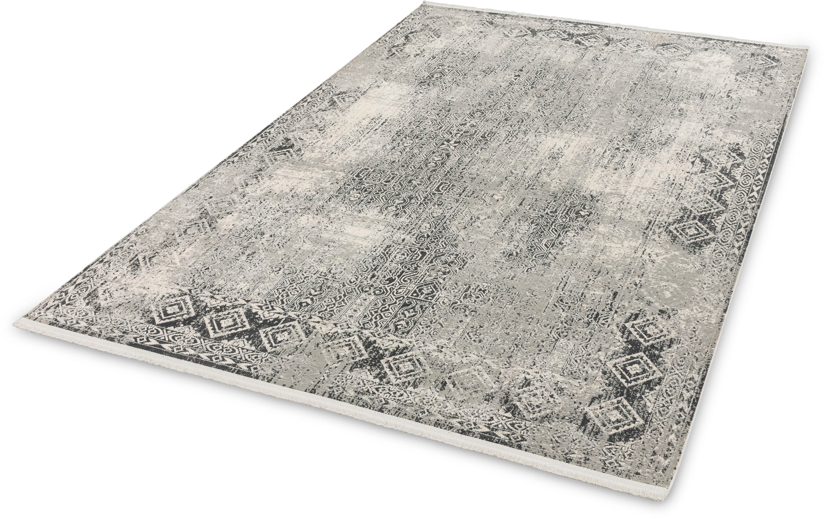 Teppich ASTRA "Julia 203" Gr. 2, grau (grau, creme), B:80cm H:6mm L:150cm, Kunstfaser, Viskose, Teppiche, Kurzflor, mit Fransen, Wohnzimmer Image