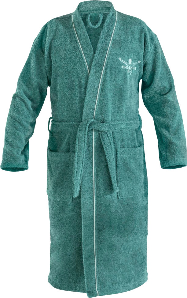 Bademantel CHIEMSEE "Chiemsee Bademantel Venice für Damen und Herren, ideal für Sauna & Spa" Gr. S, grün (smaragd), L:115cm, Baumwolle, Hausmäntel, Logostickerei auf der Brust Image