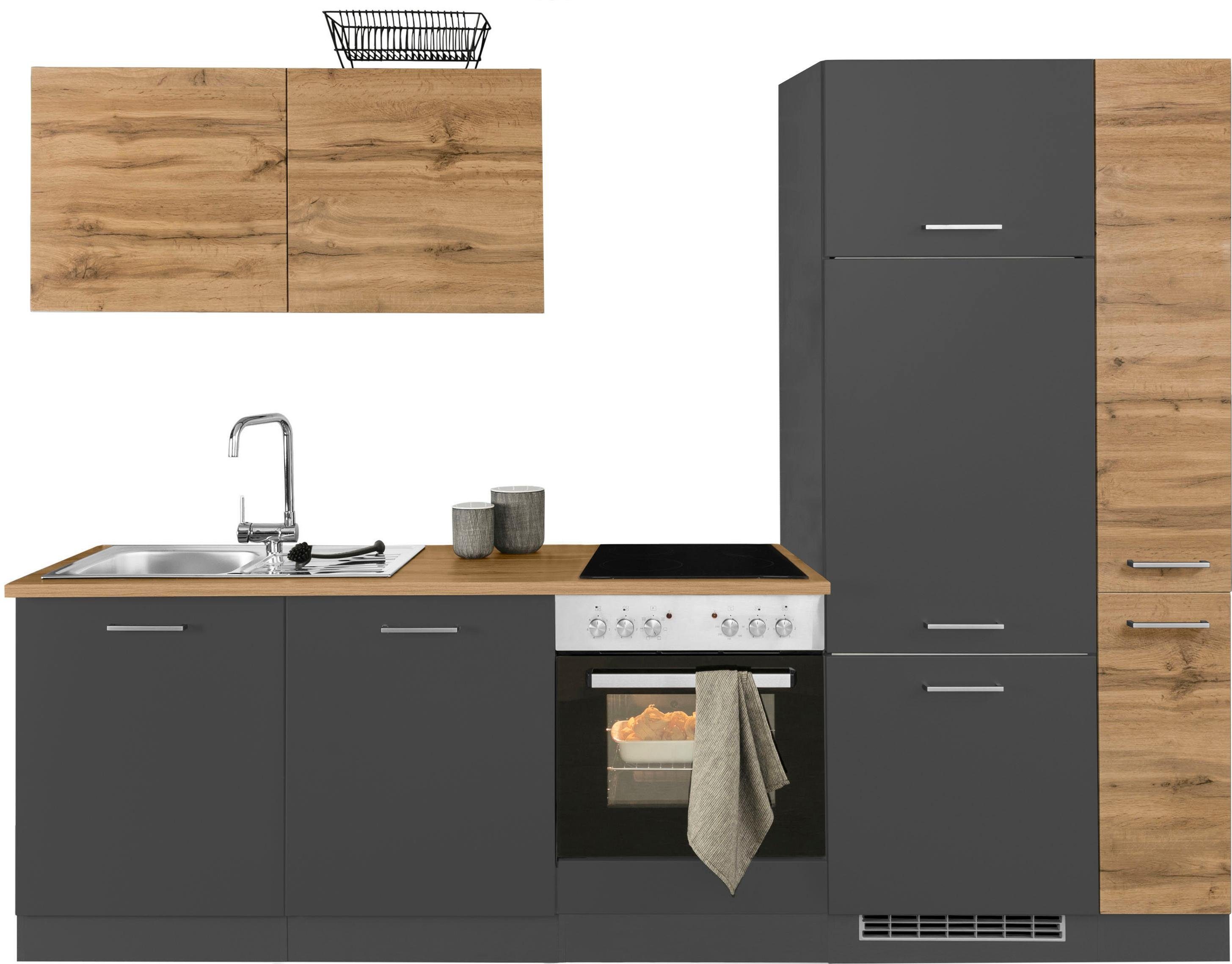 Küchenzeile KOCHSTATION "KS-Kehl", grau (küche: grau, korpus: grafit, arbeitsplatte: wotaneichefarben), B:270cm T:60cm, Komplettküchen-Sets, ohne E-Geräte, Breite 270 cm, für Kühlschrank Image