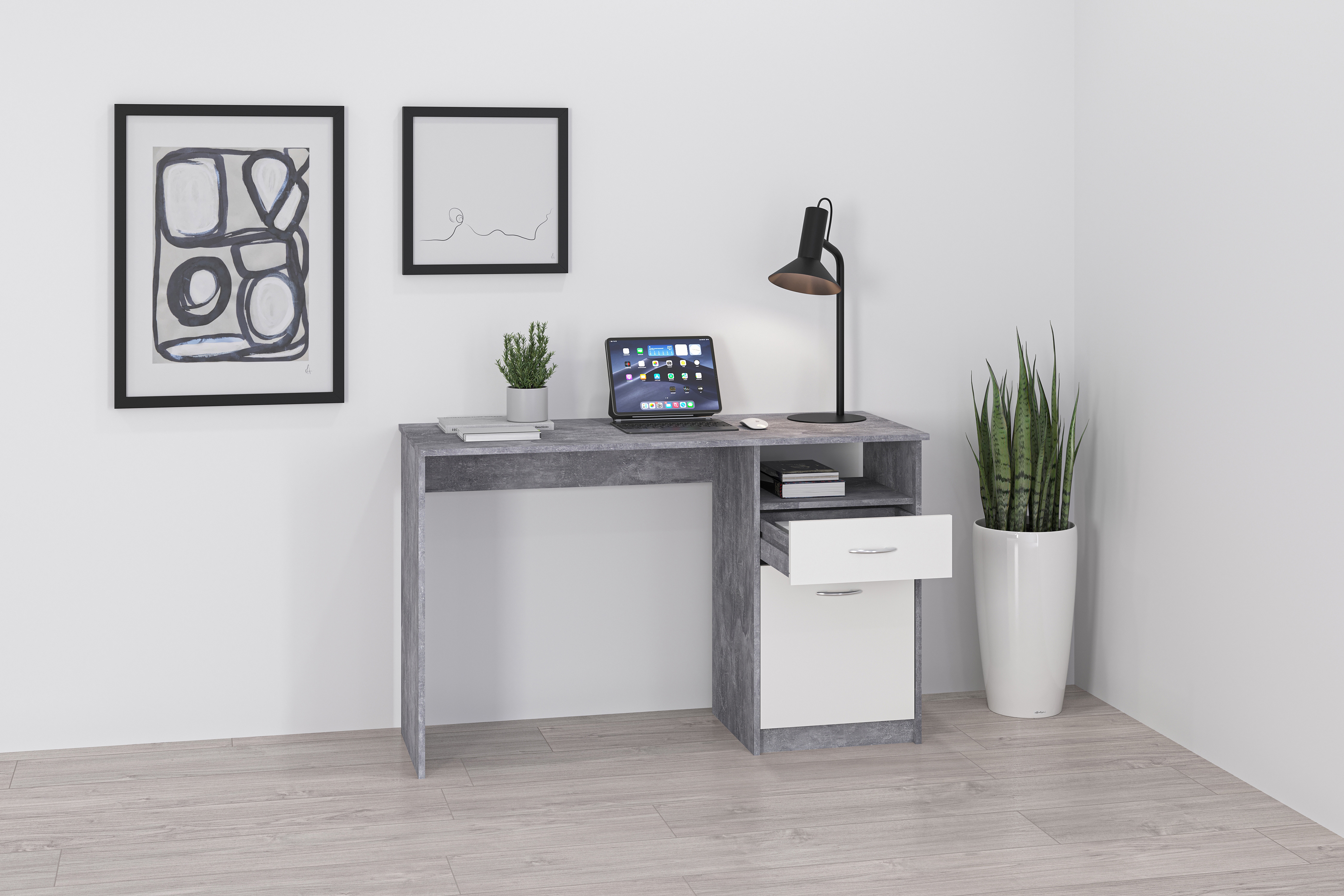 Schreibtisch FMD "Jackson", grau (betonfarben, weiß), B:123cm H:76,5cm T:50cm, Tische, Bürotisch mit 1 Schubkasten und 1 Tür, 123 cm breit