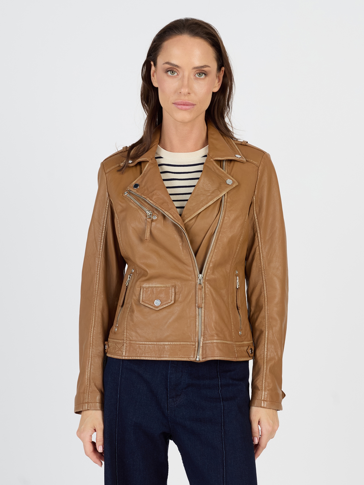 Bikerjacke JCC "51300", Damen, Gr. 36, braun (teak), Obermaterial: 100% Leder Lamm; Futter: 100% Polyester, mit Knopf, Jacken Image