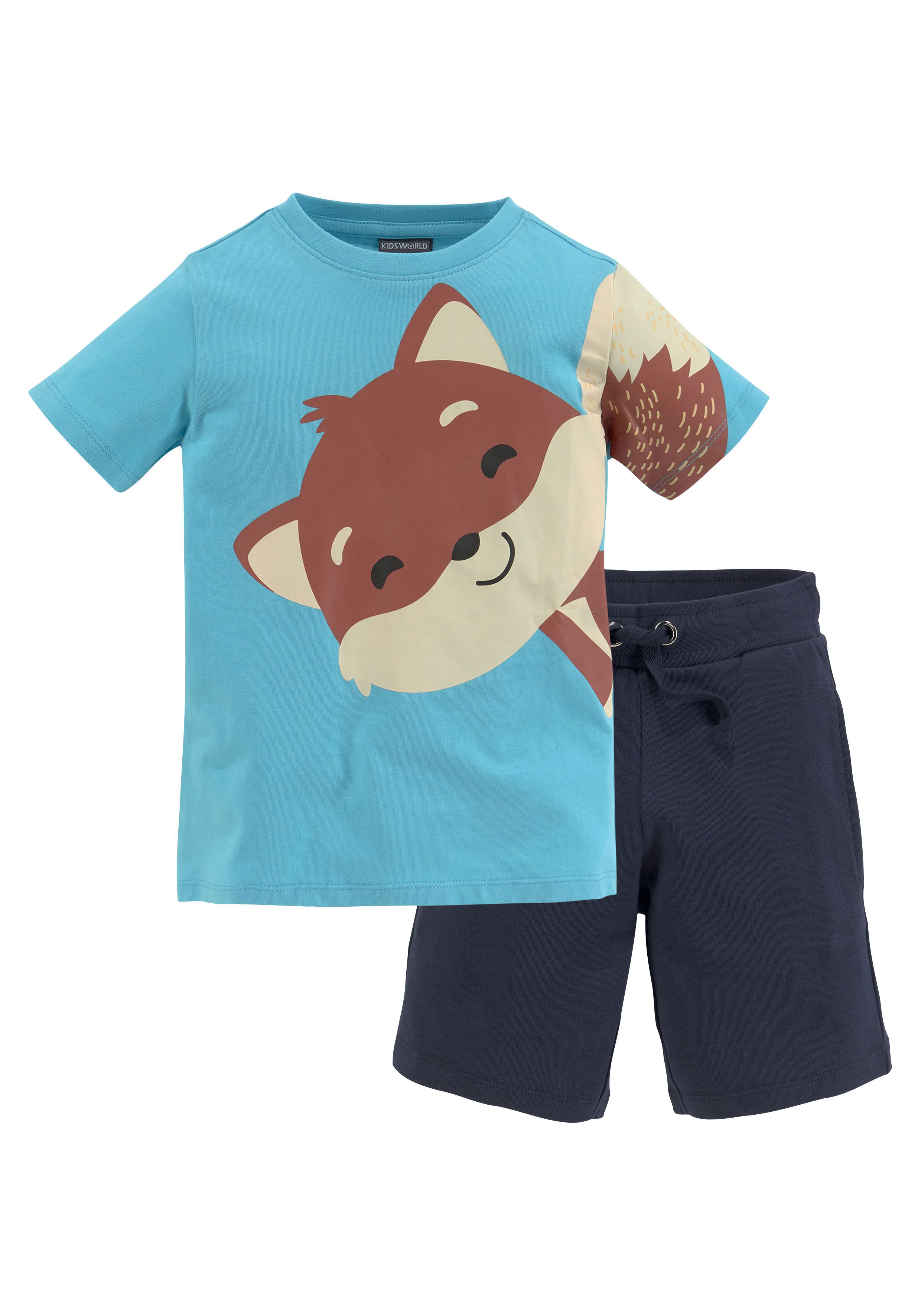 Shirt & Shorts KIDSWORLD "2tlg. Set T-Shirt + Sweatbermudas", Jungen, Gr. 92/98, blau (türkis, marine), Interlock, Obermaterial: 100% Baumwolle. Obermaterial Hose: 100% Baumwolle, bedruckt, KOB Set-Artikel, FUCHS - Print Image