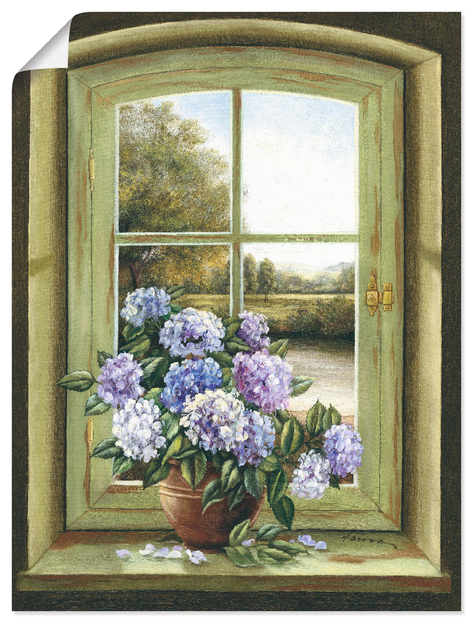 Wandbild ARTLAND "Hortensien am Fenster", grün (farbe bild(er): grün), B:60cm H:80cm, Bilder, als Alubild, Outdoorbild, Leinwandbild, Poster, Wandaufkleber Image
