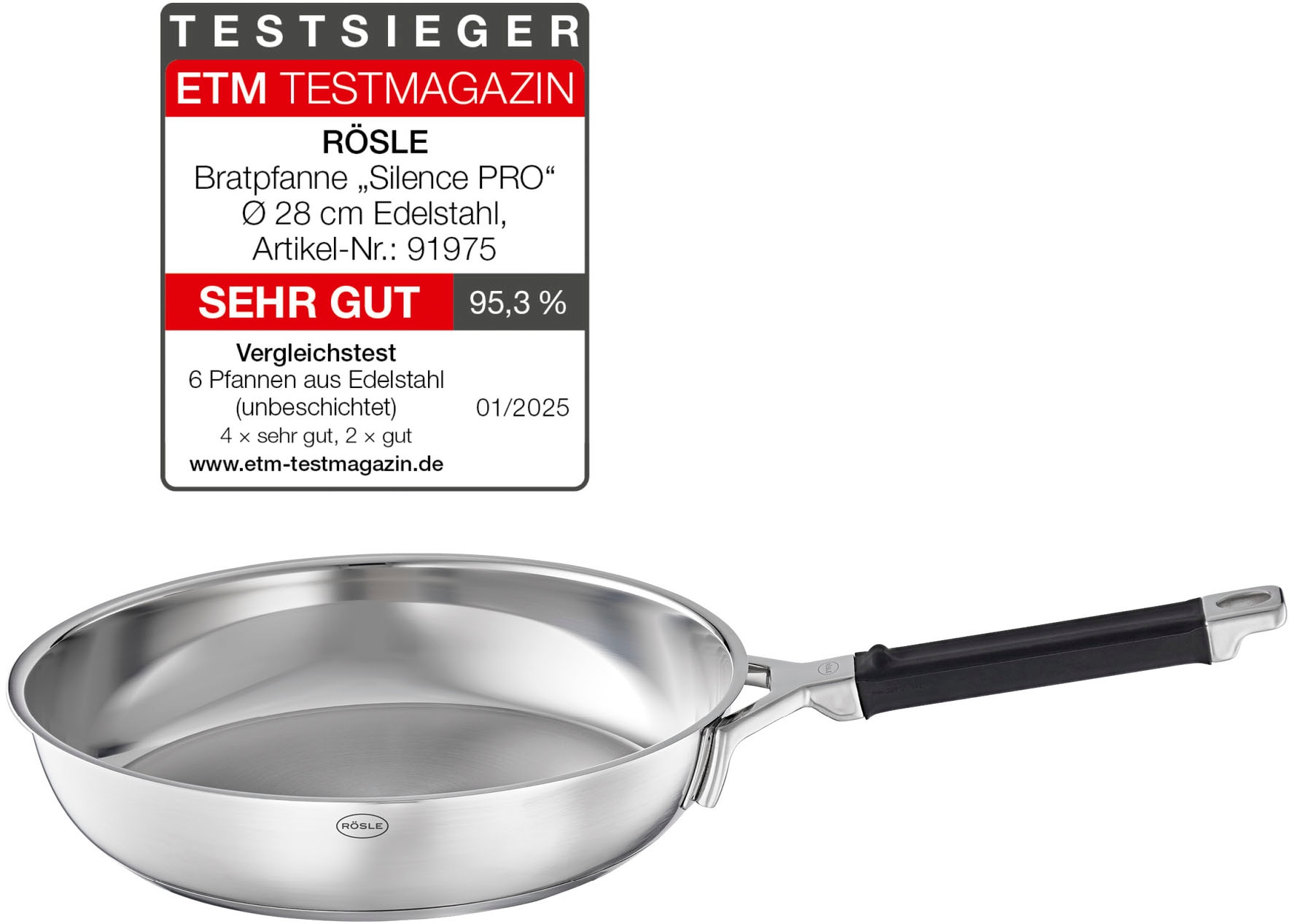 Bratpfanne RÖSLE "SILENCE PRO", silber (silberfarben), B:29,5cm H:9,5cm L:50,5cm Ø:28cm, Pfannen, Bratpfanne, Universalpfanne, spülmaschinen- und induktionsgeeignet, 28 cm Image