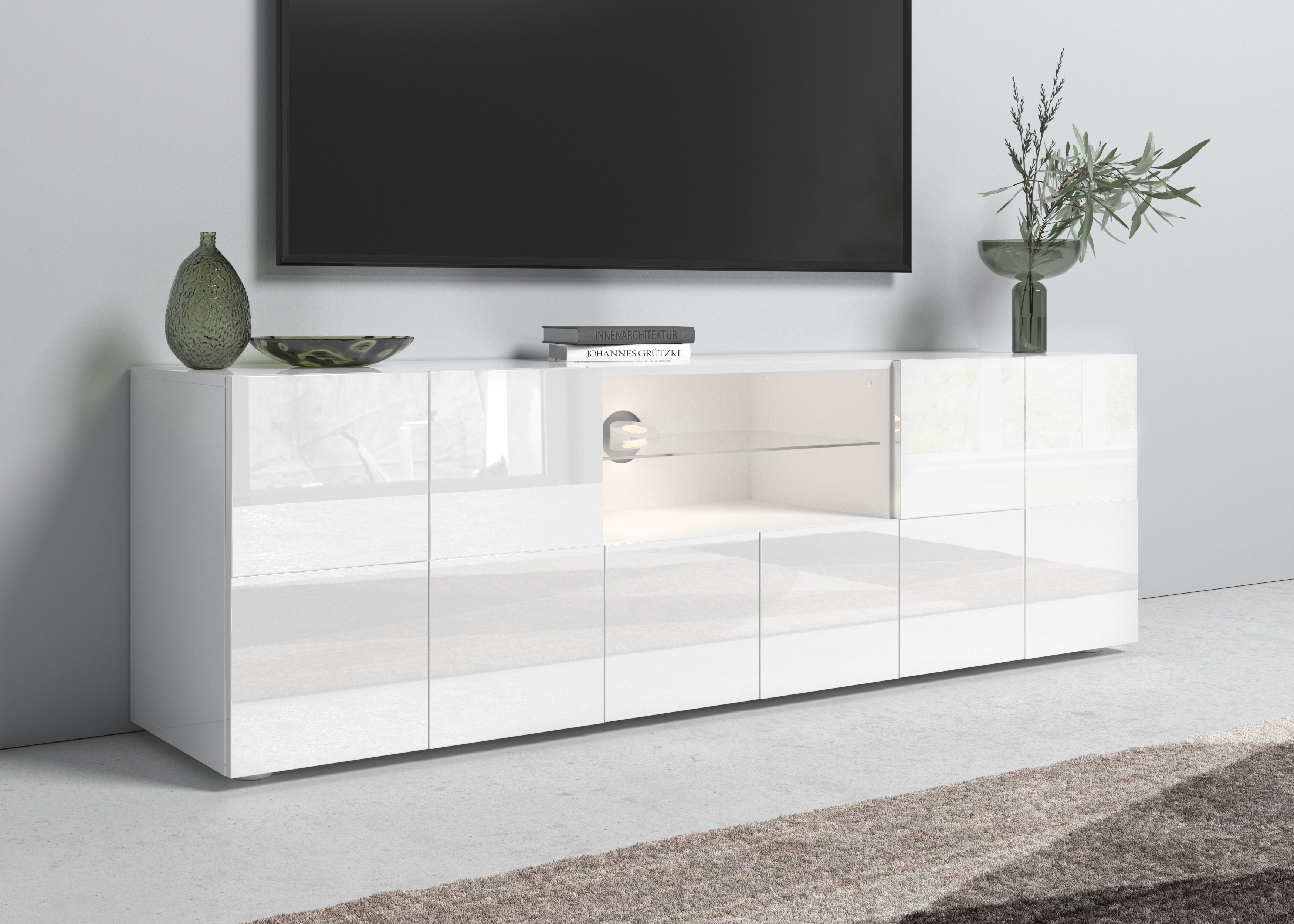 Lowboard HOME AFFAIRE "Dama Breite 181 cm, TV-Board 2 Türen, 1 Schubkasten, TV-Schrank", weiß (weiß hochglanz lack), Sideboards, Lowboard, Front in 3D-Optik, viel Stauraum, verschiedene Farben