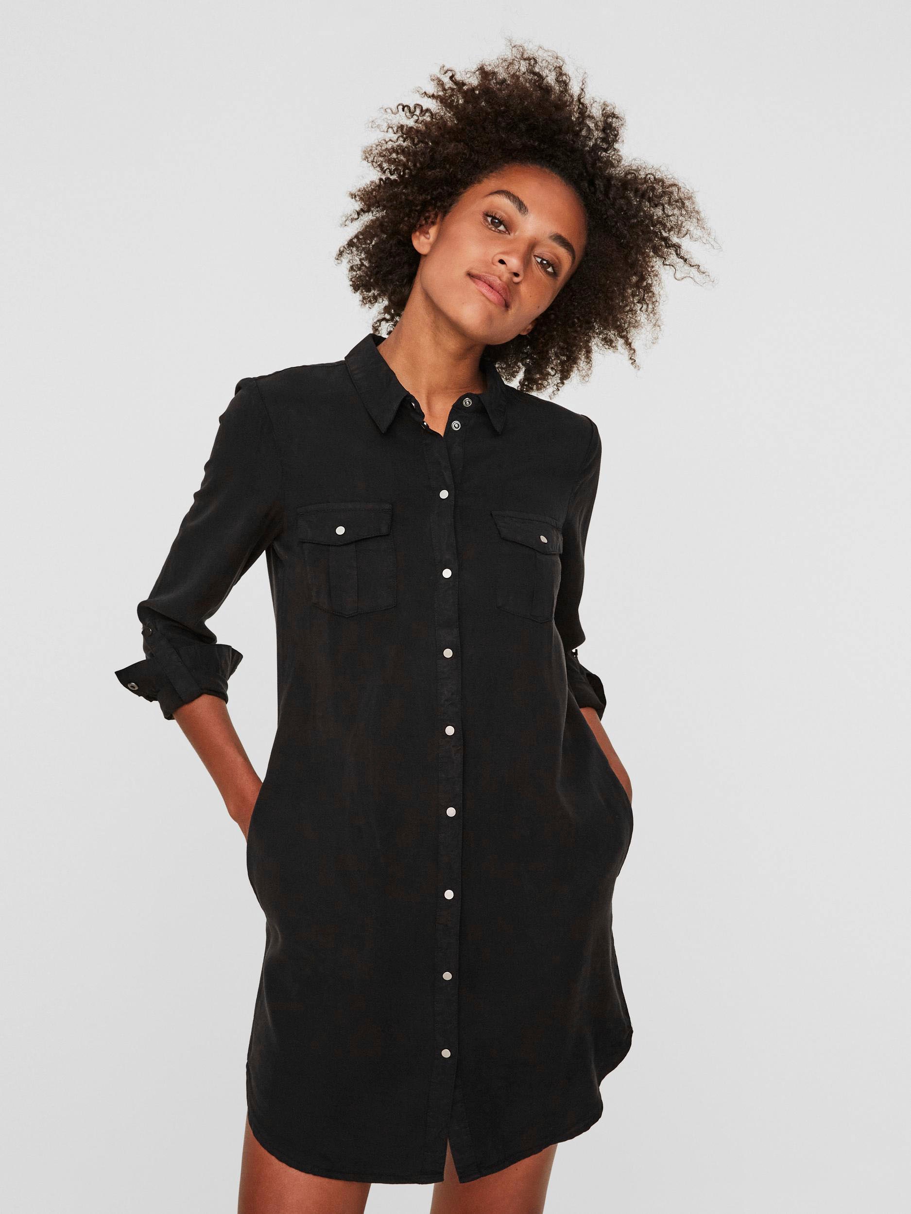 Jeanskleid VERO MODA "VMSILLA", Damen, Gr. XS, N-Gr, schwarz, Web, Obermaterial: 100% Lyocell (TENCEL™), unifarben, gerade kurz, verstellbar 1-Knopf-Manschette mit Schlitz, Kleider Image