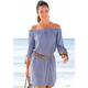Blusenkleid LASCANA Gr. 42, N-Gr, blau (blau, weiß) Damen Kleider Strandkleider mit Streifendruck und Carmenausschnitt, Sommerkleid, Strandkleid