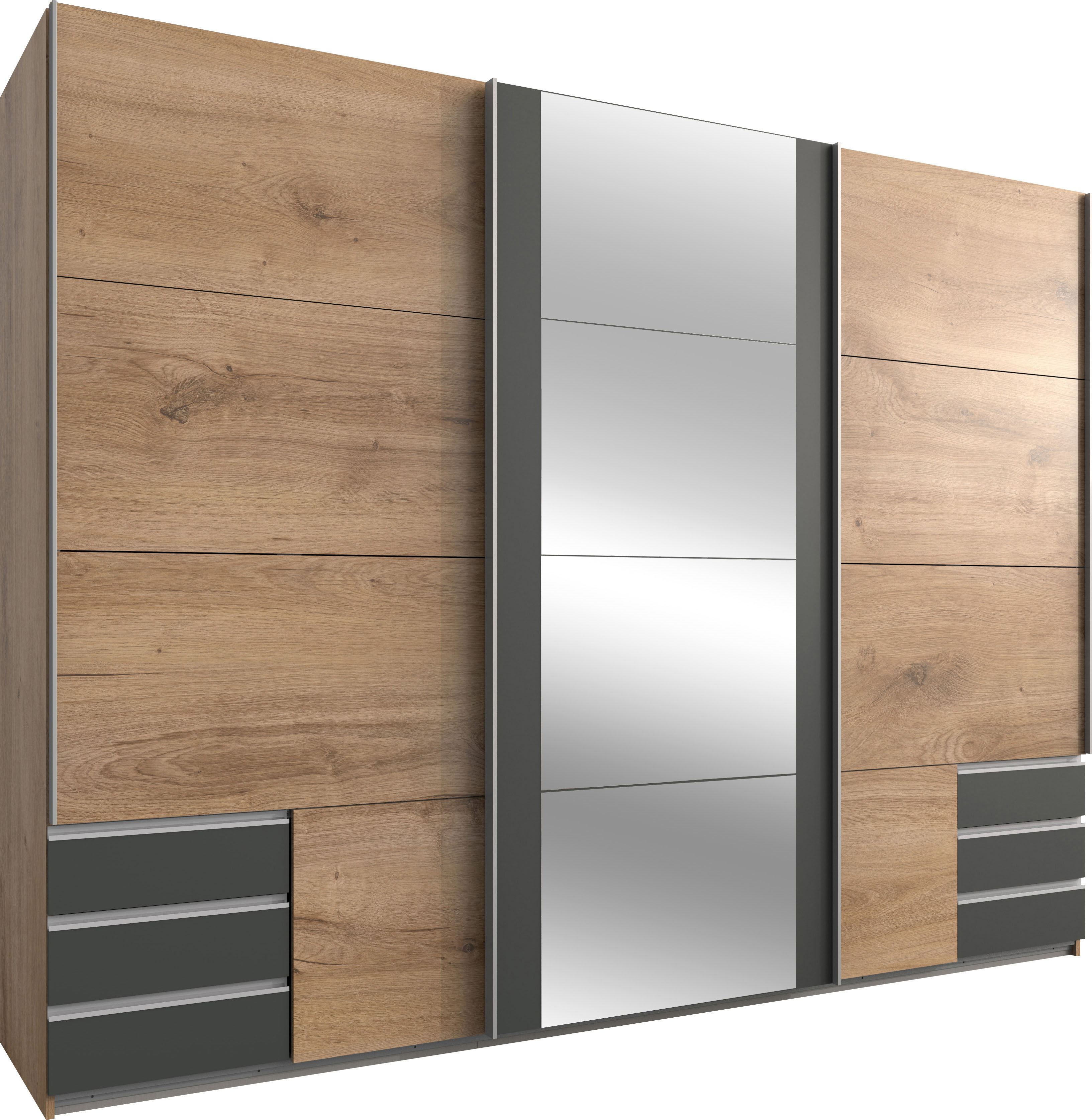 Schwebetürenschrank WIMEX "Emden moderner Kleiderschrank mit Spiegel und Schubladen BESTSELLER", grau (plankeneiche nachbildung, graphit), B:270cm H:210cm T:64cm, Schränke, Schwebetürenschrank, Schlafzimmer Schrank Garderobenschrank mit Schwebetüren...