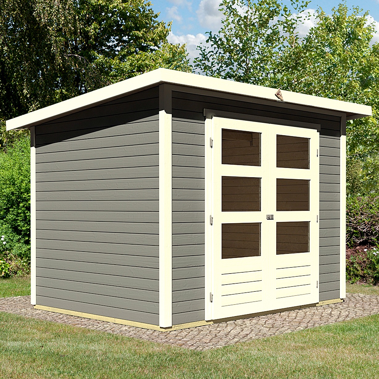 Gartenhaus KARIBU "Stockach 3", grau (terragrau), Fußboden im Gartenhaus, ohne Dacheindeckung, Holzwerkstoff, Gartenhäuser, naturbelassen, terragrau oder anthrazit Image