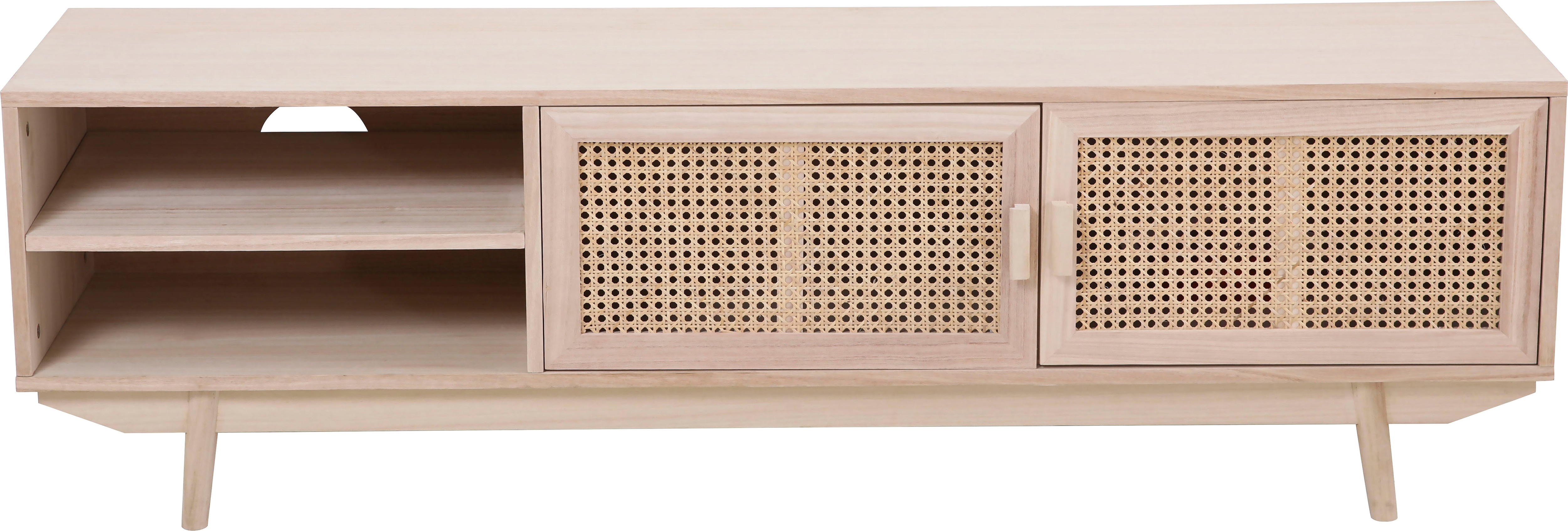 Lowboard SALESFEVER "Vejle Chic & Stylisch: Das TV-Kommode", beige (natur), B:150cm H:45cm T:36cm, Furnier, Geflecht Rattan, MDF, Sideboards, Lowboard, Edle Rattan-Kommode mit Wiener Geflecht-Design
