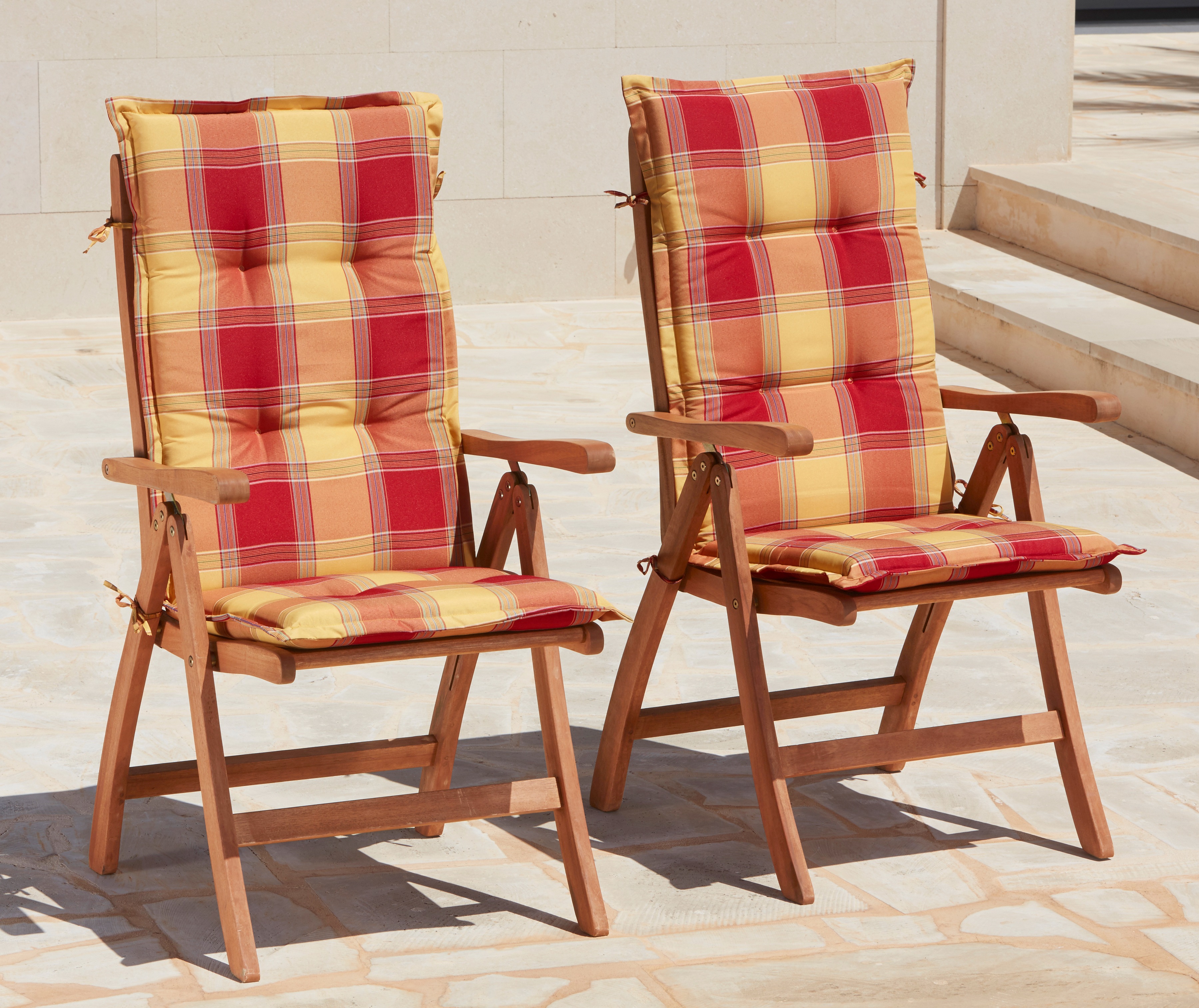 Gartenstuhl MERXX "Maracaibo", braun, B:58cm H:110cm T:67cm, Holz teilmassiv, Stühle, Gartenstuhl, 2er Set, Eukalyptus, verstellbar, braun, inkl. Auflage