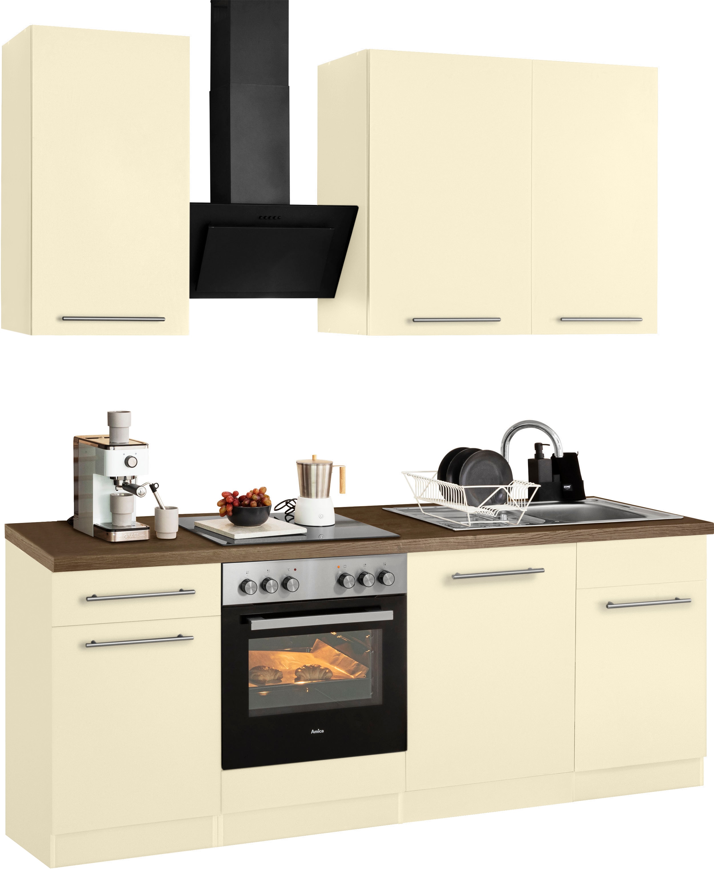 Küchenzeile WIHO KÜCHEN "Unna", gelb (küche: gelb, korpus: magnoliafarben, arbeitsplatte: eiche tabak nachbildung), B:220cm T:60cm, Komplettküchen-Sets, Küchenzeile, ohne E-Geräte, Breite 220 cm Image