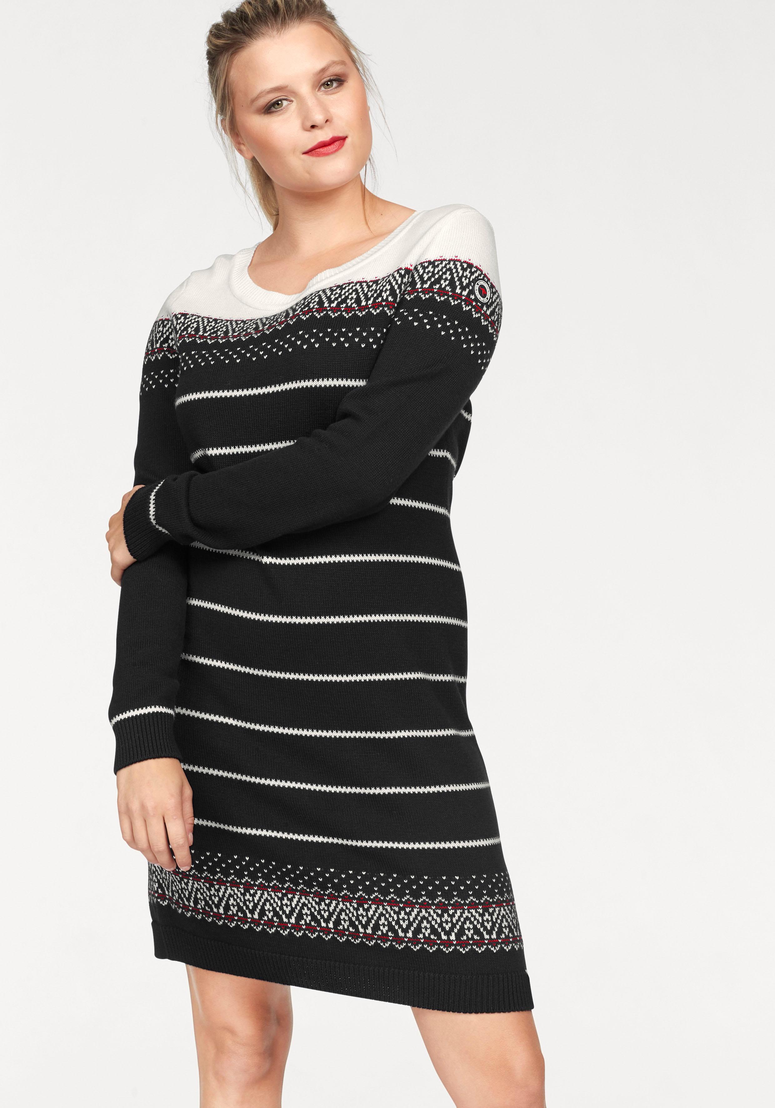 Strickkleid KANGAROOS, Damen, Gr. 32, N-Gr, schwarz (schwarz gemustert), Strick, Obermaterial: 50% Baumwolle, 50% Polyacryl, gemustert, figurbetont mini, Rundhals, Rippbündchen, Kleider Strickkleid, figurbetont, im Norweger-Stil, aus...