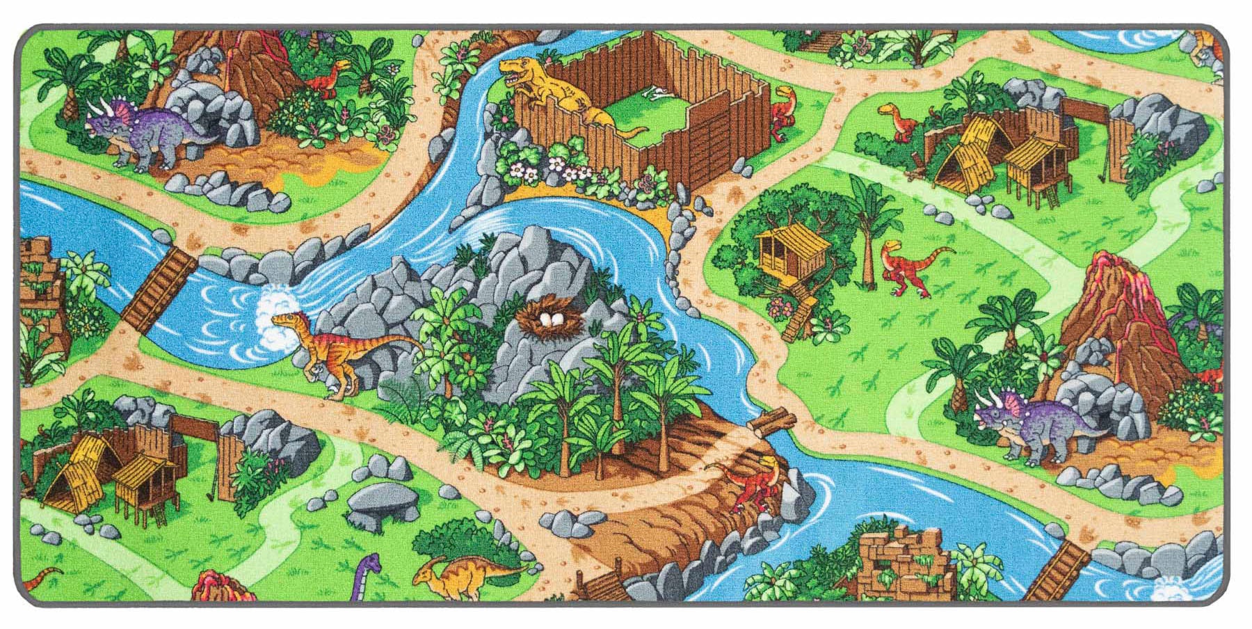 Kinderteppich "DINO, Made in Belgium", grün, B:95cm H:6,5mm L:200cm, Polyamid, PRIMAFLOR-IDEEN IN TEXTIL, Teppiche, Kinderteppich, Straßen-Spiel-Teppich, Motiv Dinosaurier, Kinderzimmer