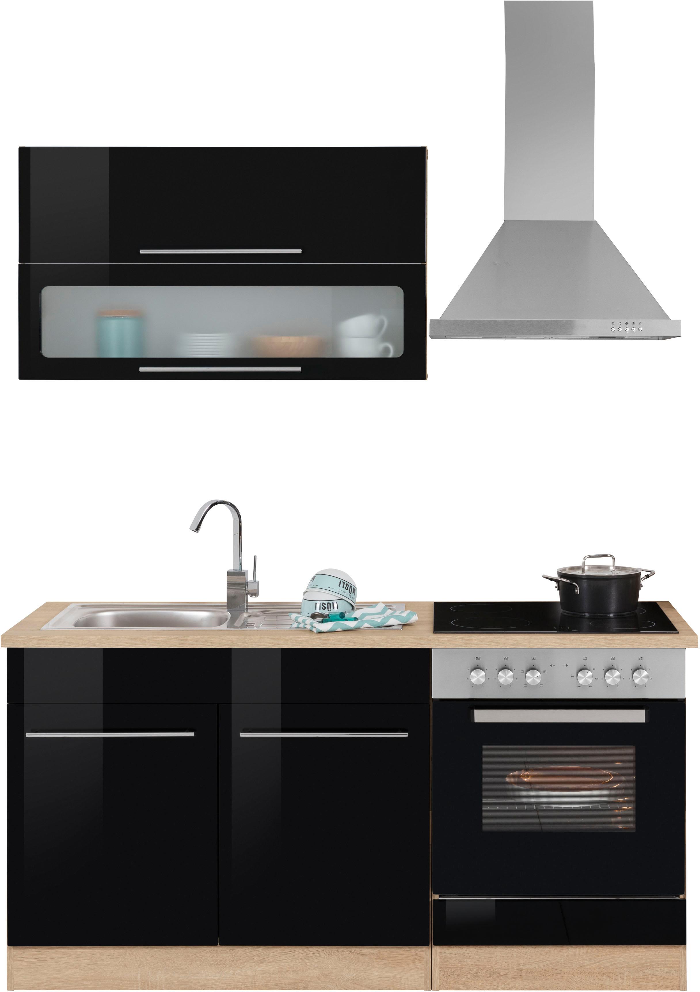 Küchenzeile KOCHSTATION "KS-Eton", schwarz (küche: schwarz, korpus: eichefarben, arbeitsplatte: eichefarben), B:160cm T:60cm, Komplettküchen-Sets, Küchenzeile, ohne E-Geräte, Breite 160 cm