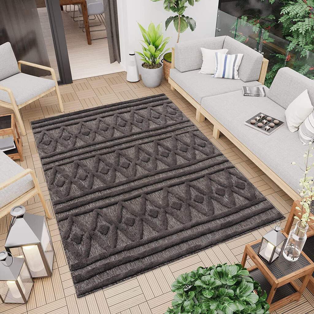 Teppich CARPET CITY "In-& Outdoorteppich Santorini 58538, 3D-Effekt, Raute-Optik", grau (anthrazit), B:200cm H:5mm L:290cm, Polypropylen (PP), Teppiche, Wetterfest & UV-beständig für Terrasse, Balkon, Küche, Flur Image