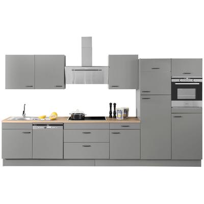 Küchenzeile OPTIFIT "Elga", grau (front: basaltgrau, korpus: basaltgrau, arbeitsplatte: eichefarben hell), B:390cm T:60cm, Komplettküchen-Sets, Premium-Küche, Soft-Close-Funktion, großen Vollauszügen, Breite 390 cm Image