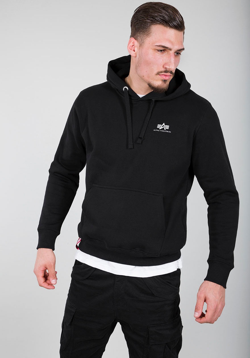 Kapuzensweatshirt ALPHA INDUSTRIES "Hoody Small Logo", Herren, Gr. M, schwarz, angeraute Sweatware, Obermaterial: 80% Baumwolle, 20% Polyester, bedruckt, normal, Rundhals, Rippbündchen, Sweatshirts Image