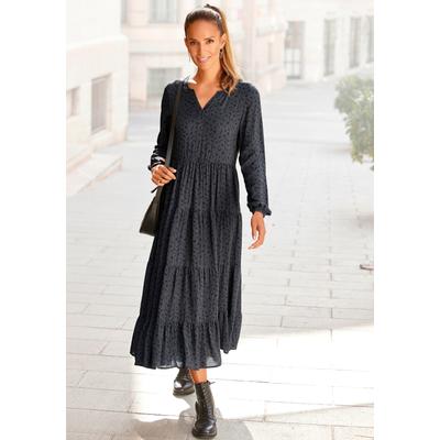Maxikleid LASCANA, Damen, Gr. 36, N-Gr, schwarz (grau, schwarz, bedruckt), Web, Obermaterial: 100% Viskose, bedruckt, modisch, figurumspielend lang, V-Ausschnitt, Langarm mit Gummizug, Kleider, mit Alloverprint und Volants, langärmlig, Druckkleid,... Image