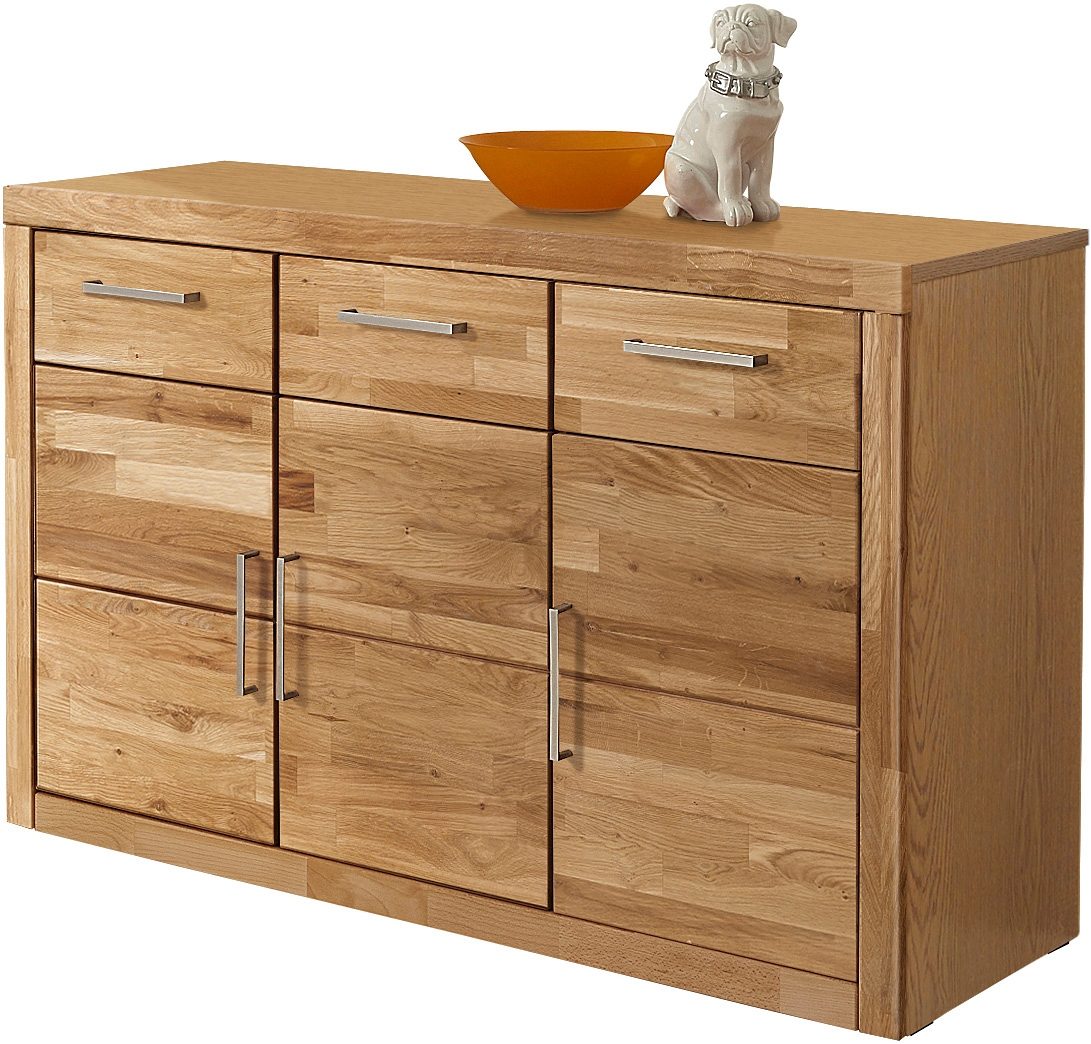 Sideboard HOME AFFAIRE "Logo,130cm breit,42 cm tief, Fronten Massivholz,2 breite Fächer", braun (eiche teilmassiv), B:130cm H:80cm T:42cm, Holz, Holz teilmassiv, Plastik, Sideboards, Holz massiv, Holzwerkstoff, Metall Griffe,3Türen,3Schubladen