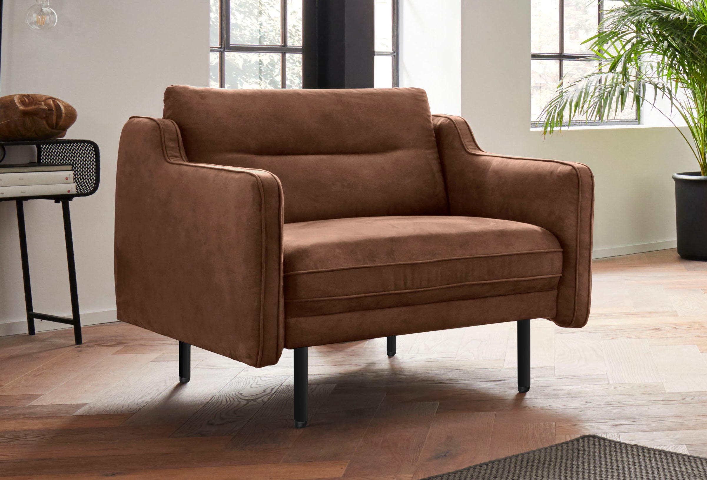 Sessel ANDAS "Nordfyn", braun (cognac), B:99cm H:81cm T:92cm, Struktur weich (100% Polyester);Luxus-Microfaser Lederoptik (100% Polyester);100% NaturLEDER, Sessel, Ledersessel Einzelsessel, edles Design in 3 Bezugsqualitäten, Design by Morten Georgsen