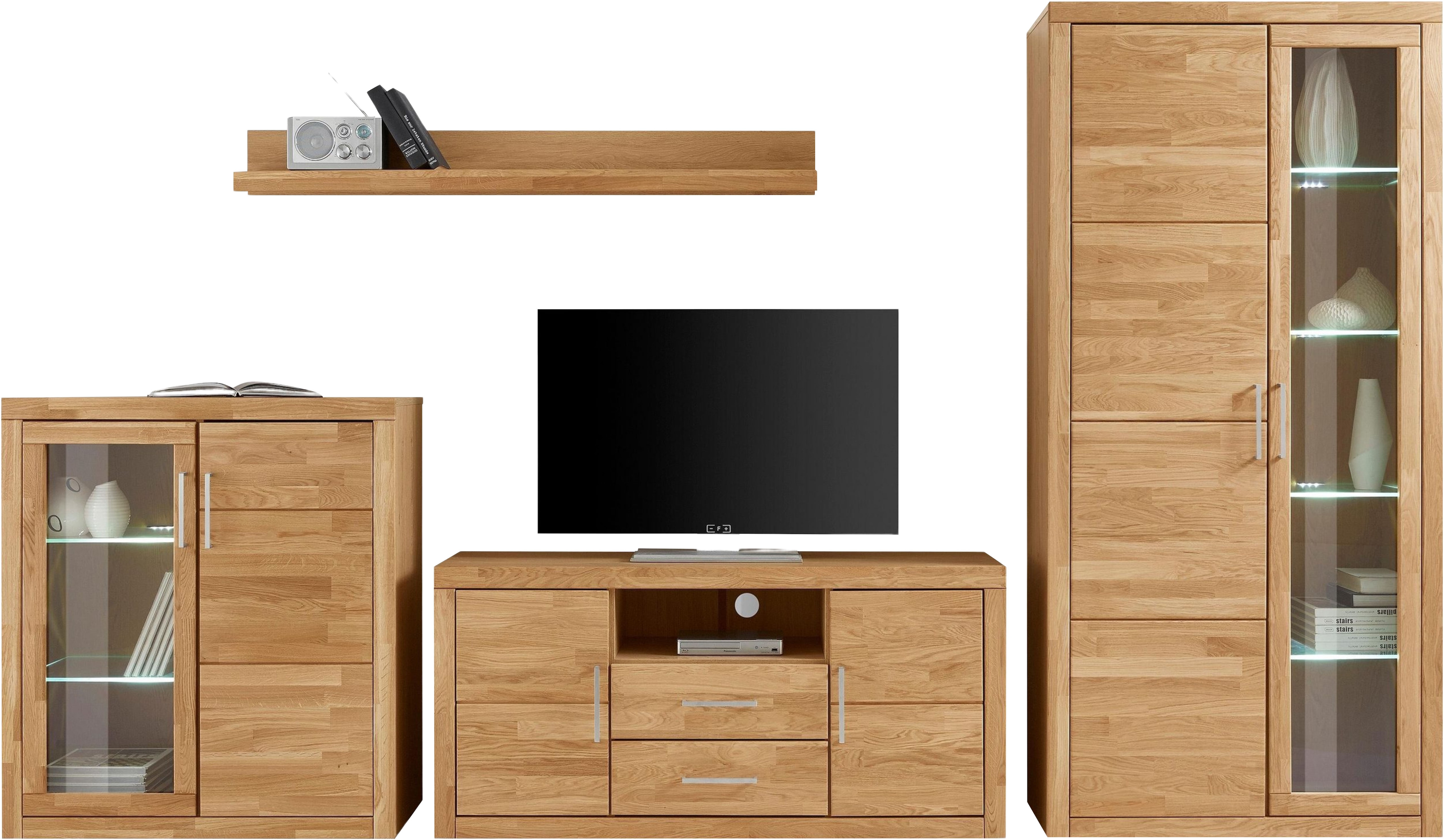 Wohnwand HOME AFFAIRE "Logo", braun (eiche teilmassiv), Holzwerkstoff eichefarben (Korpus) / Massivholz Eiche (Front), Kastenmöbel-Sets, teilmassives Holz