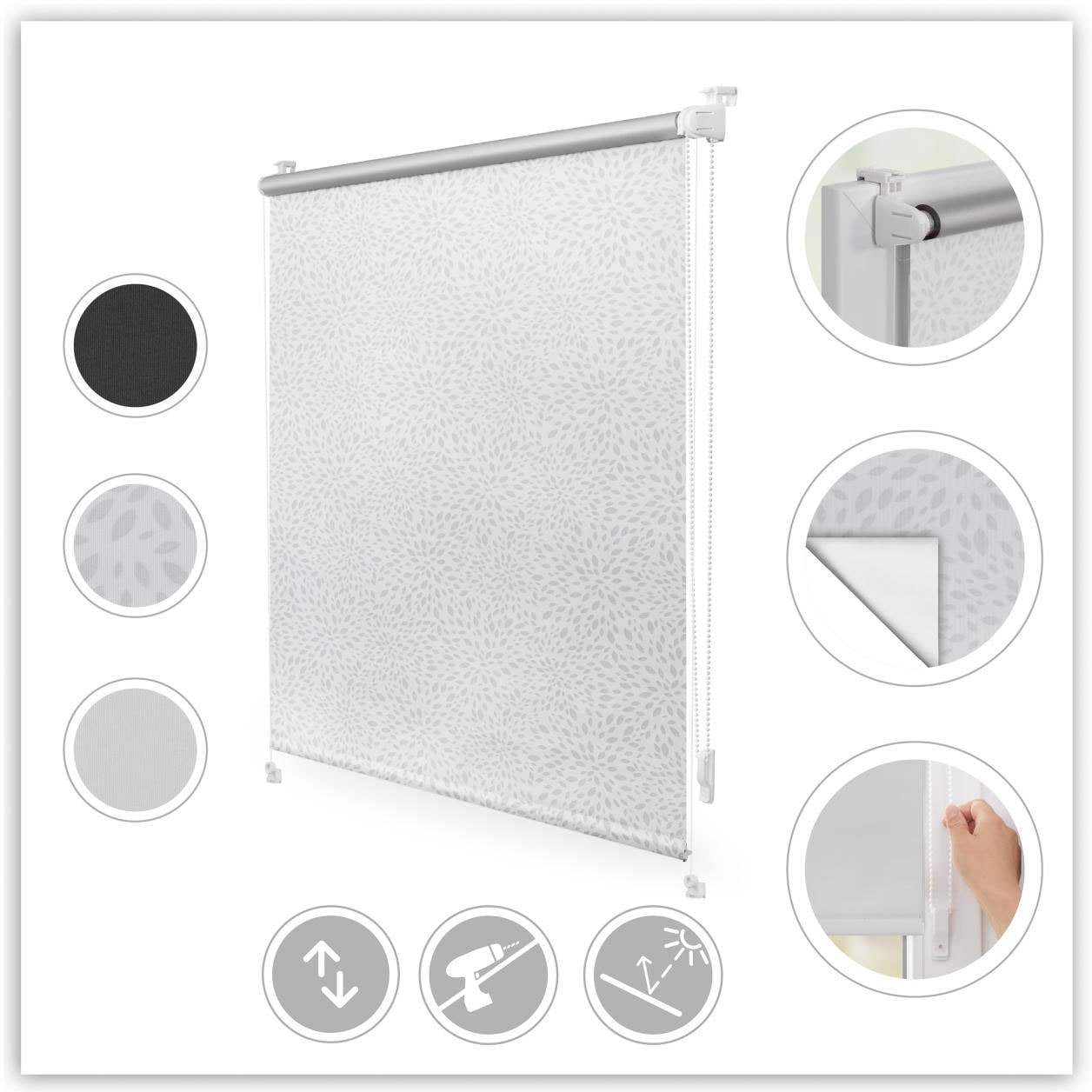 Seitenzugrollo LICHTBLICK ORIGINAL "Verdunkelungsrollo Thermo-Rollo Klemmfix ohne Bohren", grau (weiß, grau, weiß), B:100cm H:150cm, Polyester, Rollos, Seitenzugrollo