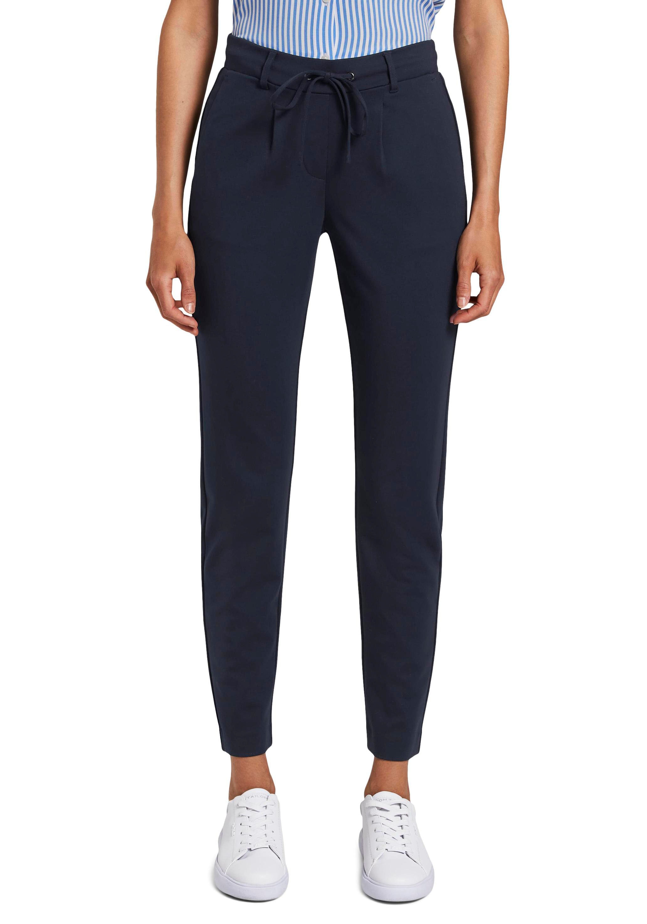 Jogger Pants TOM TAILOR, Damen, Gr. 42, Länge 32, blau (marine), Jersey, Obermaterial: 60% Viskose, 34% Polyamid, 6% Elasthan, unifarben, lässig geschnitten lang, Hosen, mit Bundfalten