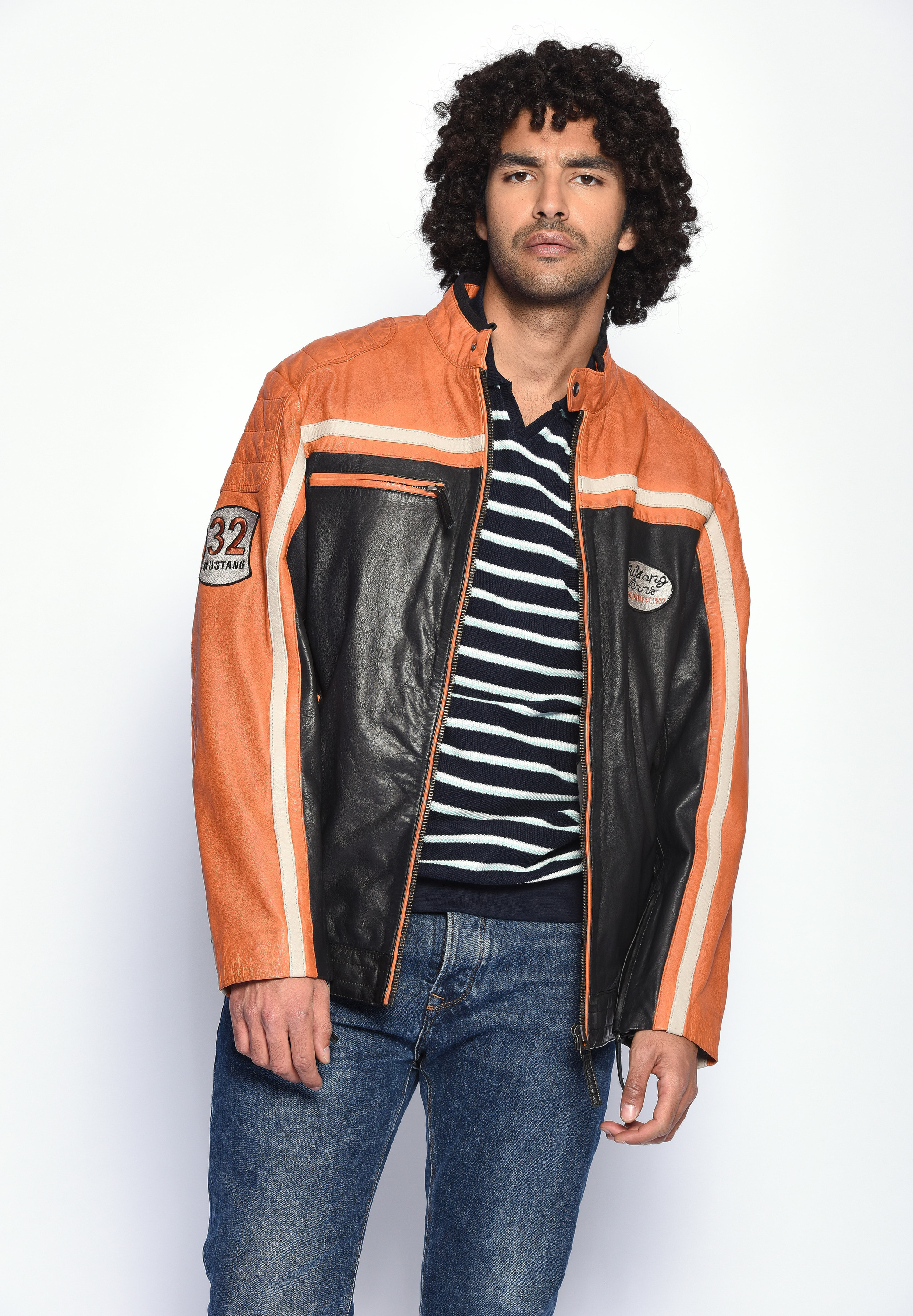 Lederjacke MUSTANG "Gunner", Herren, Gr. 52, orange (schwarz orange), Obermaterial: 100% Lammleder; Futter: 100% Baumwolle; Ärmelfutter: 100% Polyester, ohne Bündchen, Jacken