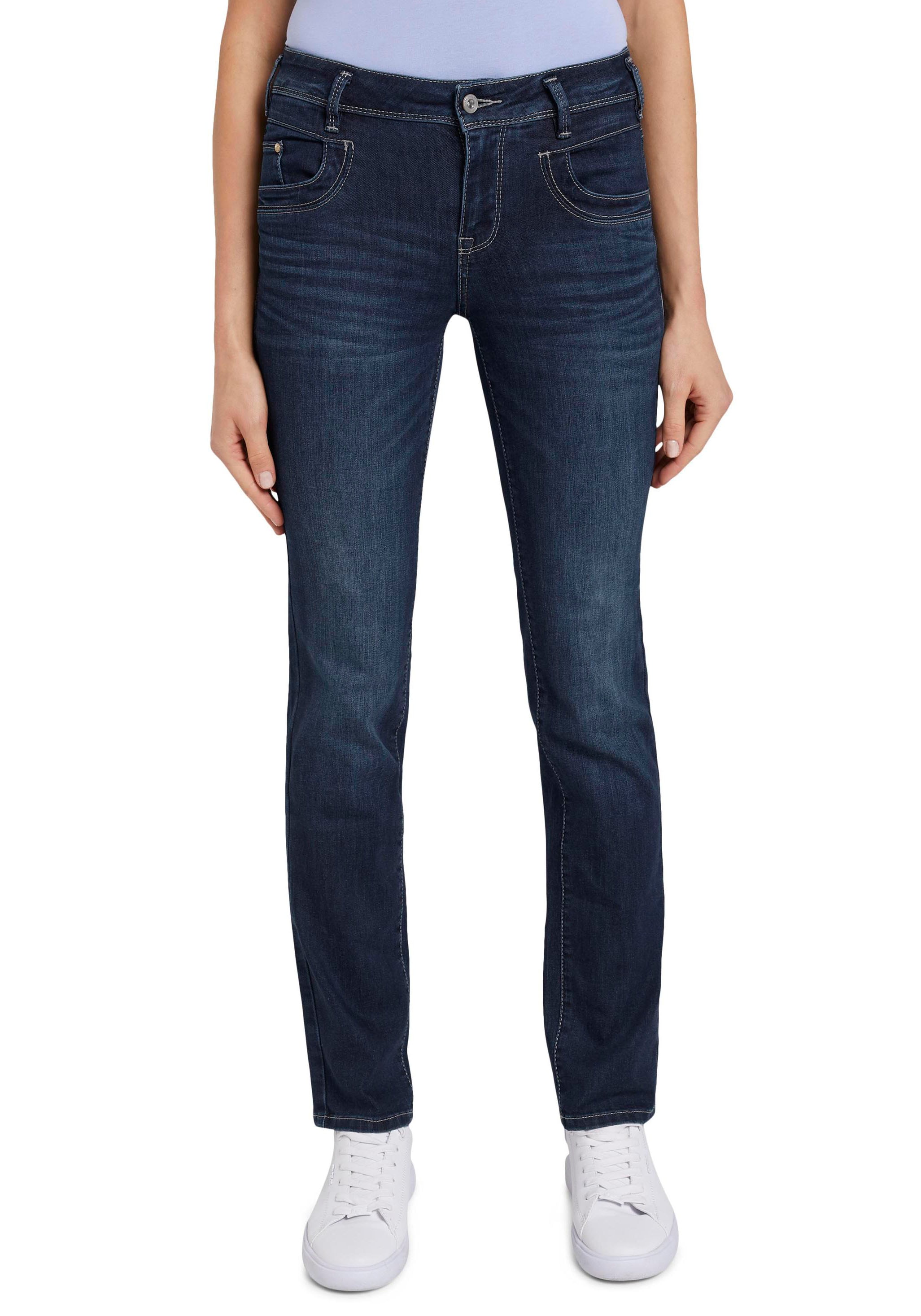 Gerade Jeans TOM TAILOR "Alexa Straight", Damen, Gr. 31, Länge 32, blau (schwarz stone washed), Denim/Jeans, Obermaterial: 69% Baumwolle, 20% Polyester, 9% Viskose, 2% Elasthan, unifarben, bequem lang, Jeans, mit Kontrastnähten, Topseller