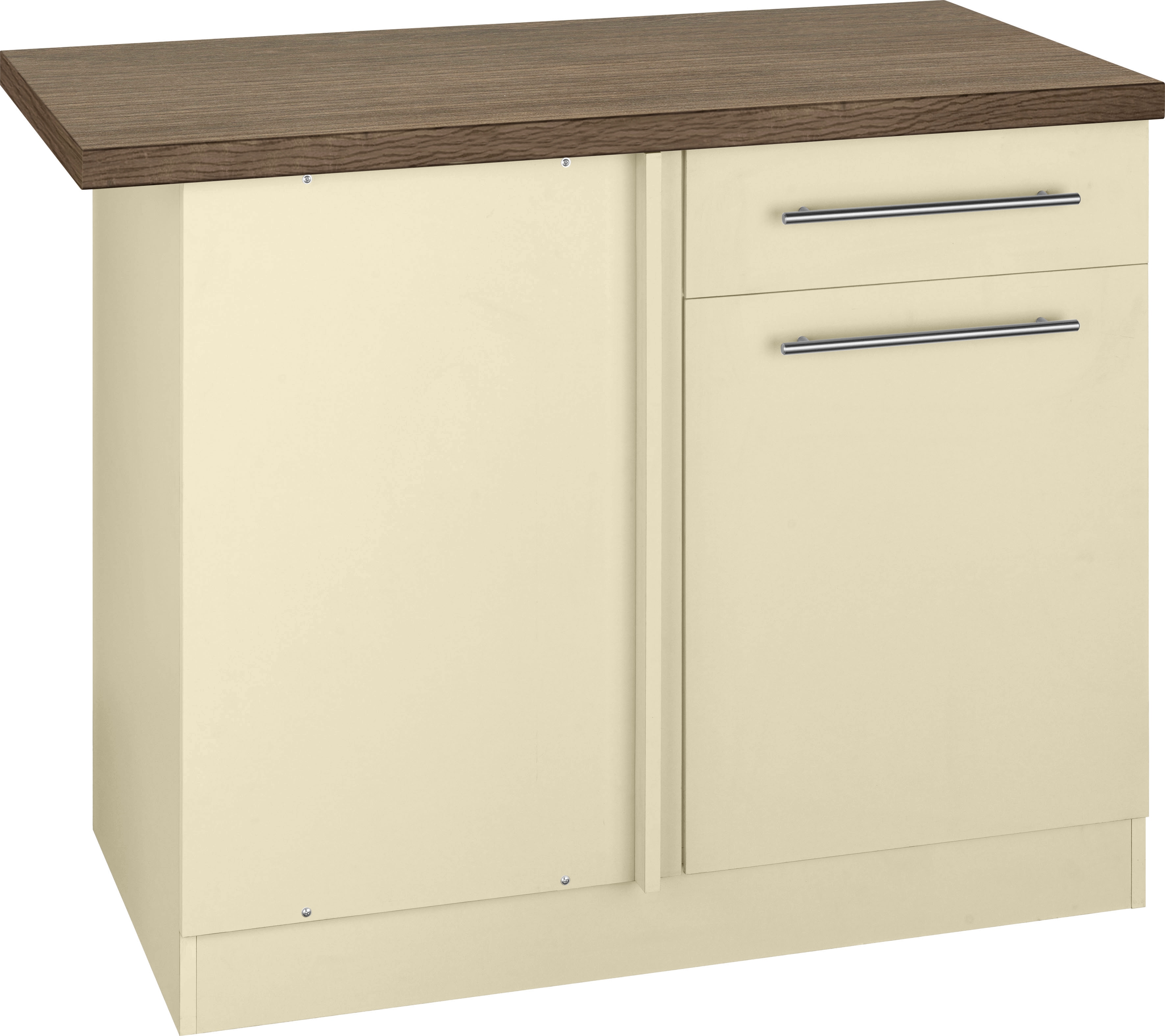 Eckunterschrank WIHO KÜCHEN "Unna", beige (front und korpus: magnolia, arbeitsplatte: eiche tabak), B:110cm H:85cm T:60cm, Schränke, Eckunterschrank, 110 cm breit