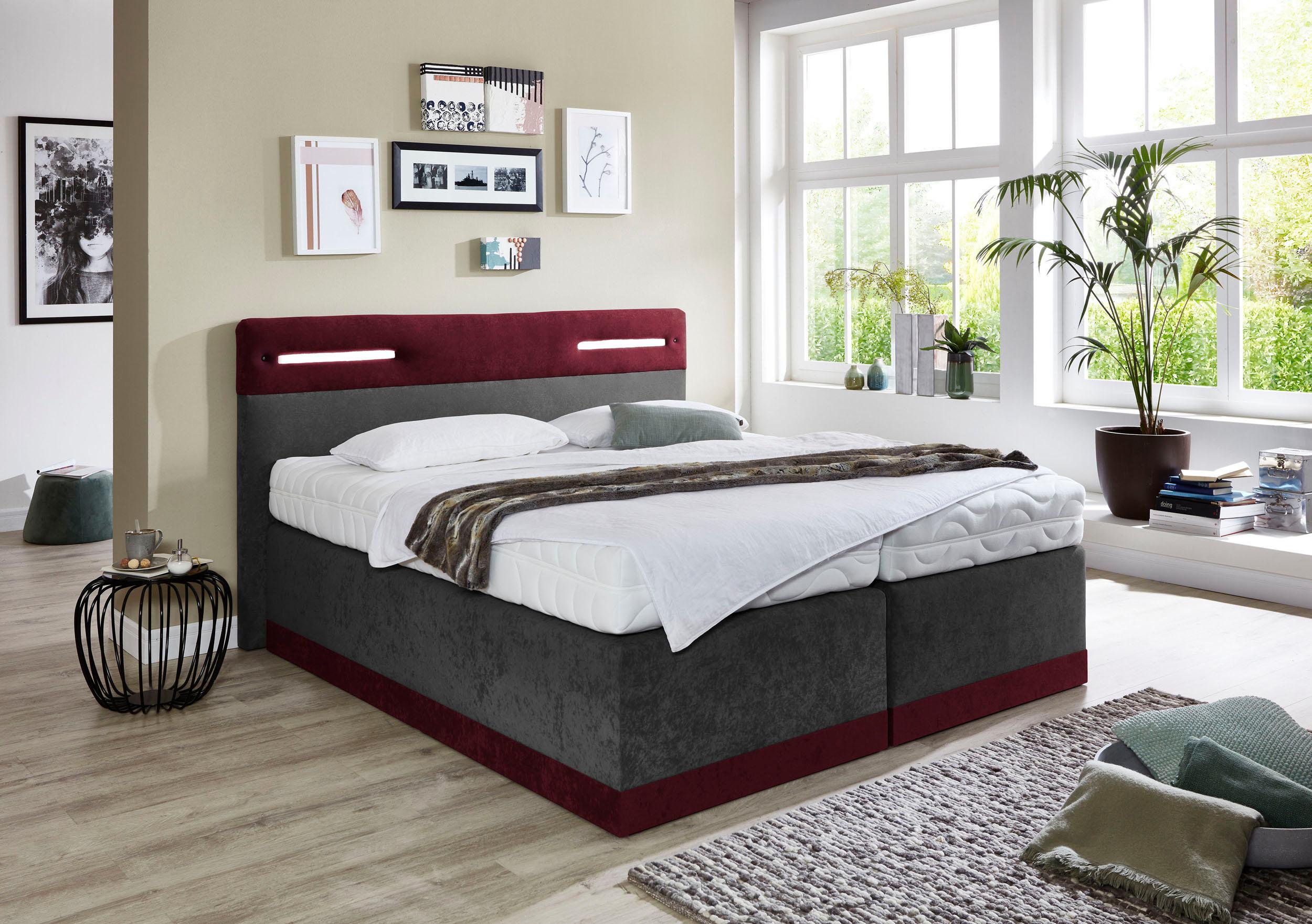 Boxspringbett, rot (bordeaux, anthrazit), Ohne Topper, Liegefläche B/L: 90cm x 200cm, H2, Bonnell-Federkernmatratze, Bezug Obermatratze 100% Polyester, waschbar bis 60C;Bezug Unterbox und Kopfteil: Mikrofaservelours (100% Polyester), WESTFALIA...