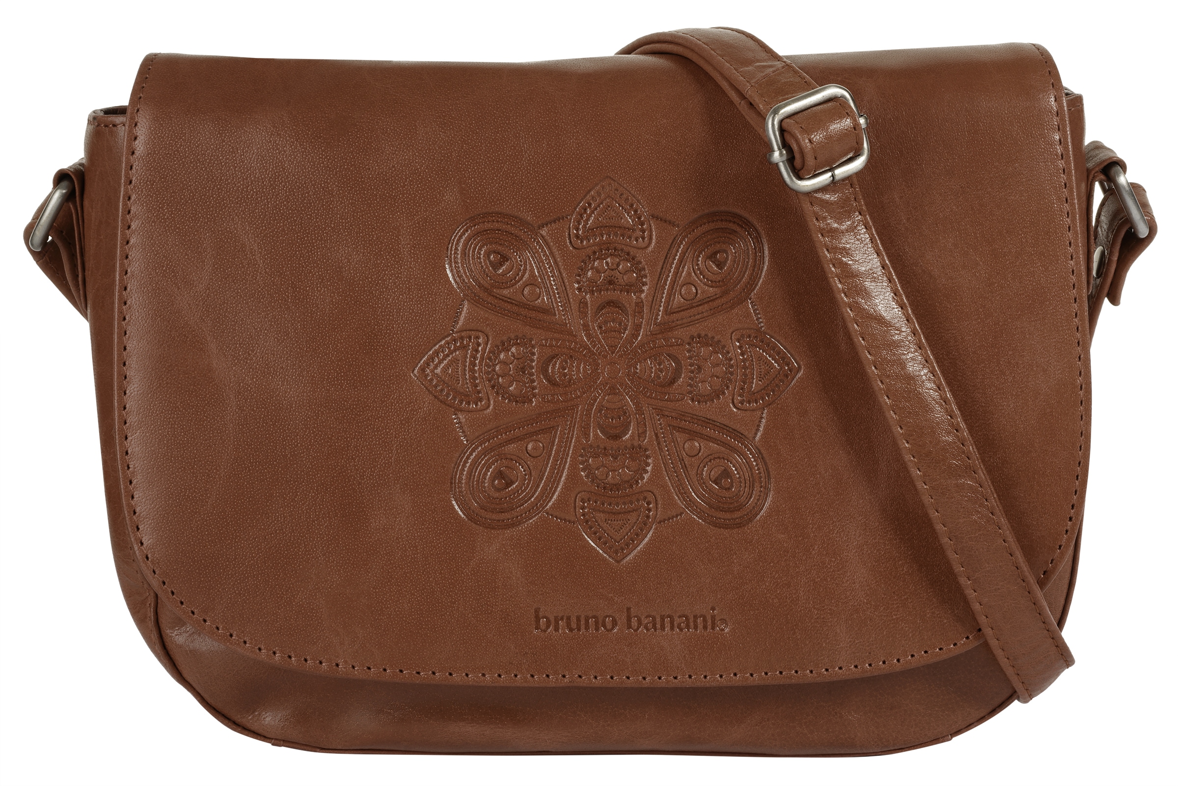 Umhängetasche BRUNO BANANI "Mandala", Damen, Gr. B/H/T: 26cm x 18cm x 6cm onesize, braun (cognac), Leder, vintage, Taschen Umhängetasche, echt Leder