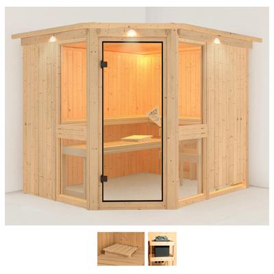 Sauna KARIBU "Aline 3", beige (naturbelassen), ohne Ofen, (ohne Ofen), Saunen, ohne Ofen