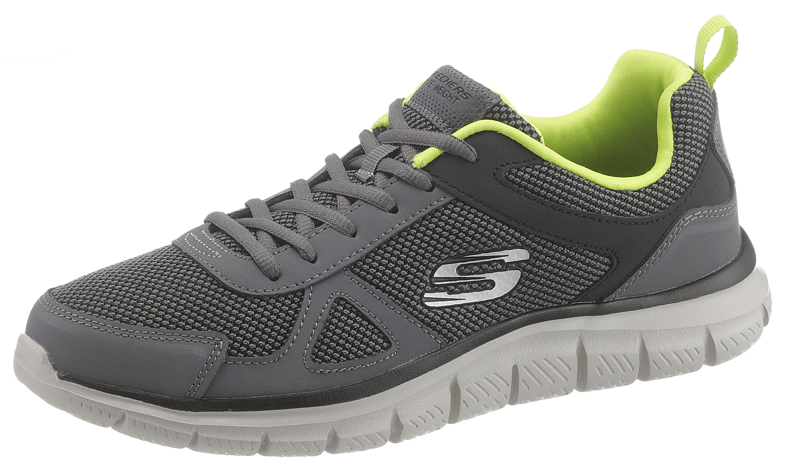 Sneaker SKECHERS "Track", Herren, Gr. 40, grau (grau schwarz), Leder, Textil, Schuhe Sneaker, mit seitlichem Logo, Freizeitschuh, Halbschuh, Schnürschuh