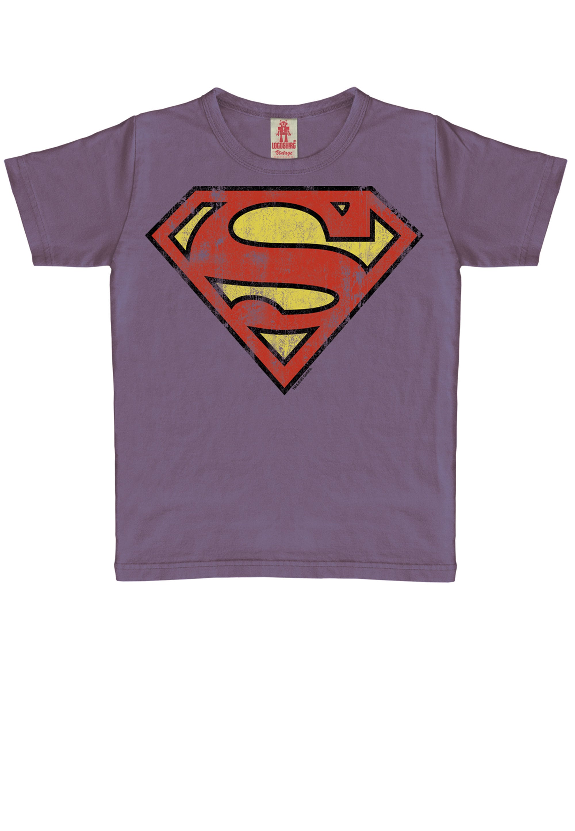 T-Shirt LOGOSHIRT "Superman", Mädchen, Gr. 80/86, lila, 100% Baumwolle, bedruckt, normal, Rundhals, Shirts T-Shirt, mit heldenhaftem Vintage-Print