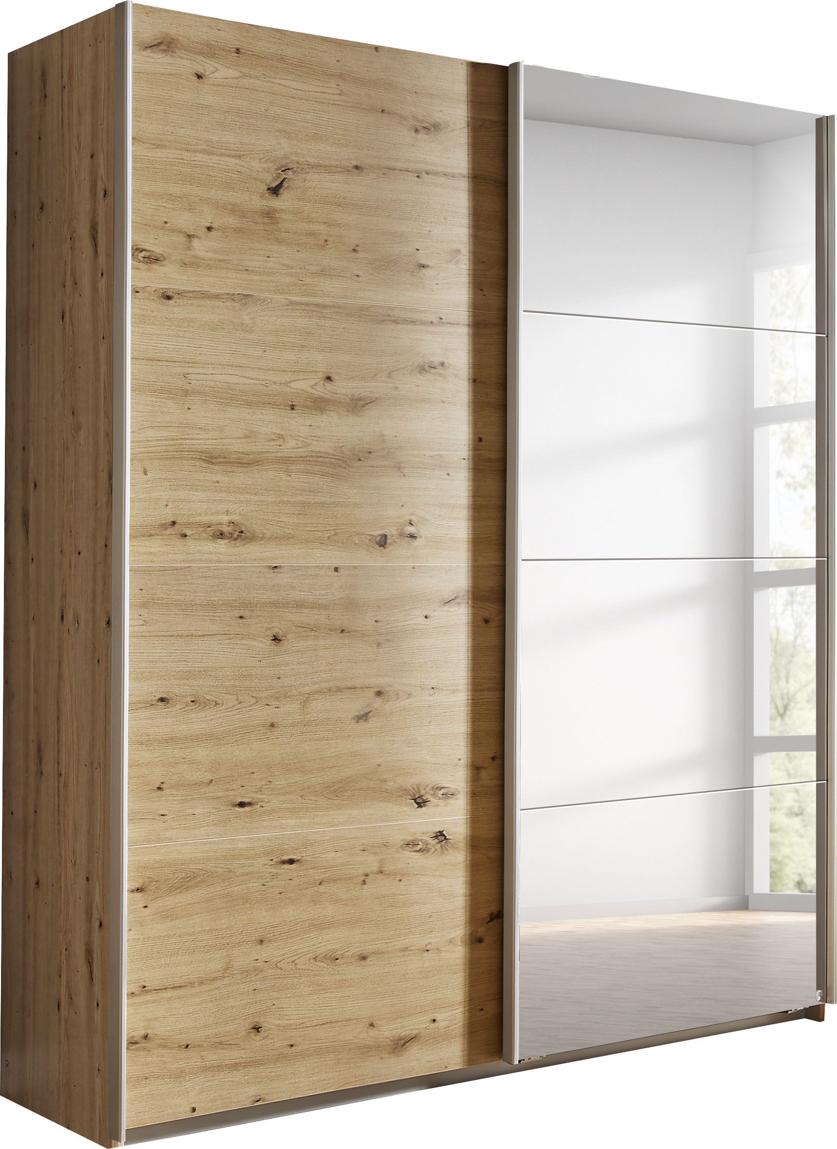 Schwebetürenschrank RAUCH "Subito Kleiderschrank Bestseller", braun (eiche artisan), B:136cm H:197cm T:61cm, Holzwerkstoff, Schränke, Schwebetürenschrank, Schlafzimmerschrank Schrank Garderobe mit 4 Spiegelelementen