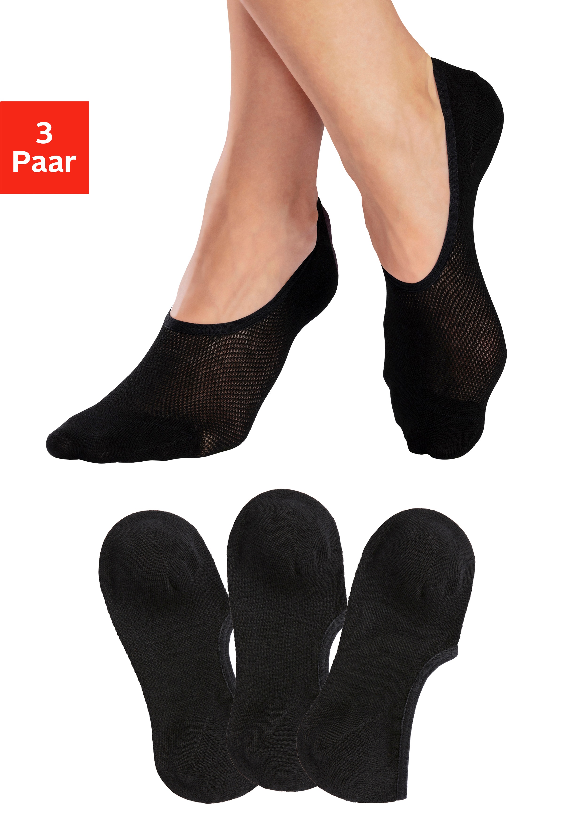 Füßlinge LASCANA ACTIVE, Damen, Gr. 39-42, schwarz (3x schwarz), Baumwollmischung, unifarben, elastisch, Socken, mit Pikee Struktur