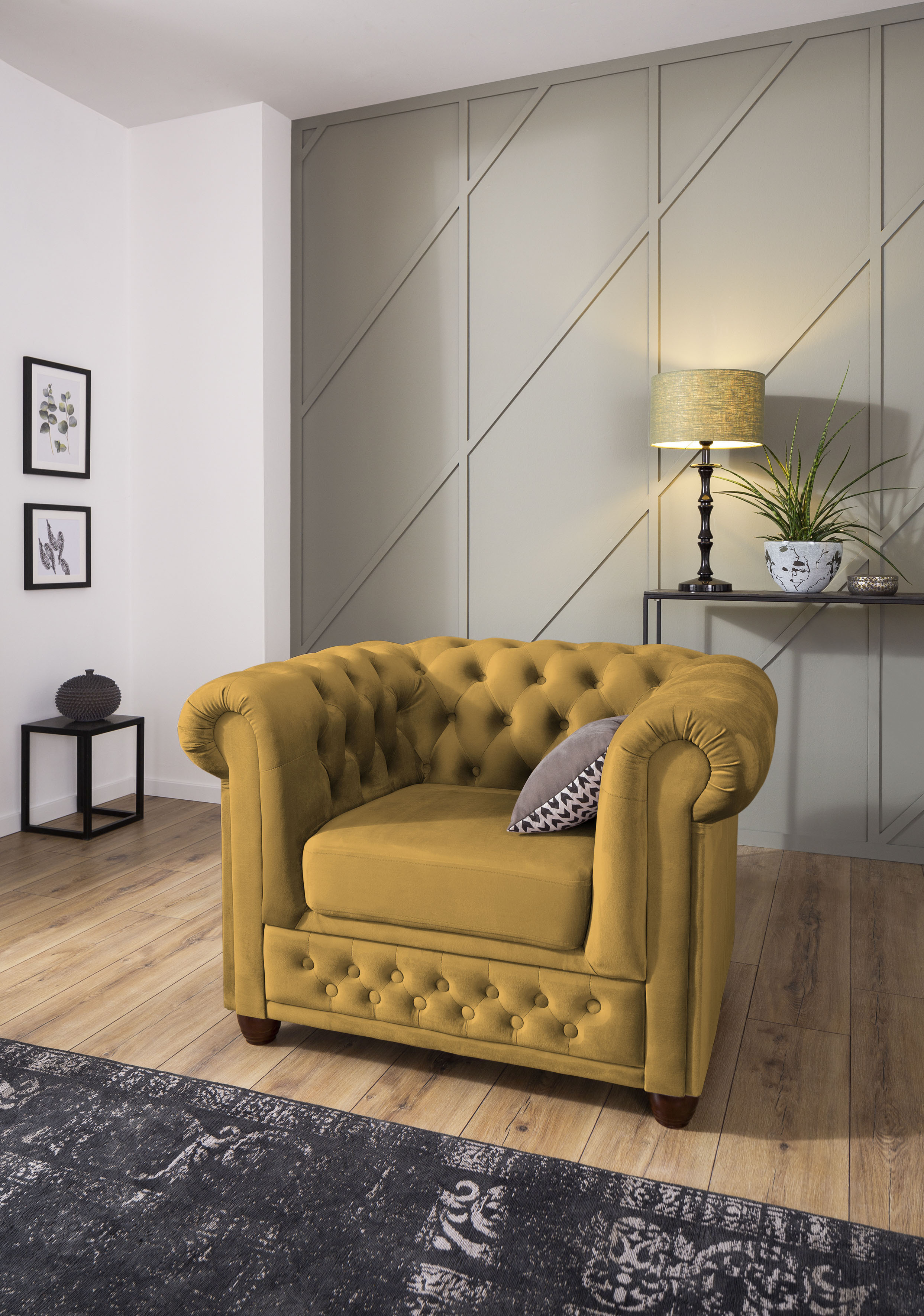 Chesterfield-Sessel HOME AFFAIRE "New Castle Sessel", gelb (mustard), B:104cm H:72cm T:86cm, Sessel, hochwertige Knopfheftung, B/T/H: 104/86/72 cm