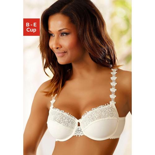 Bügel-BH NUANCE Gr. 80, Cup C, beige (creme) Damen BHs BH Bügel-BH Dirndl-BH Hochzeitsdessous Hochzeitswäsche Spitzen-BH Spitzenwäsche Balconette-BH Trachtenwäsche mit schöner Stickereispitze am Obercup und den Trägern, Dessous