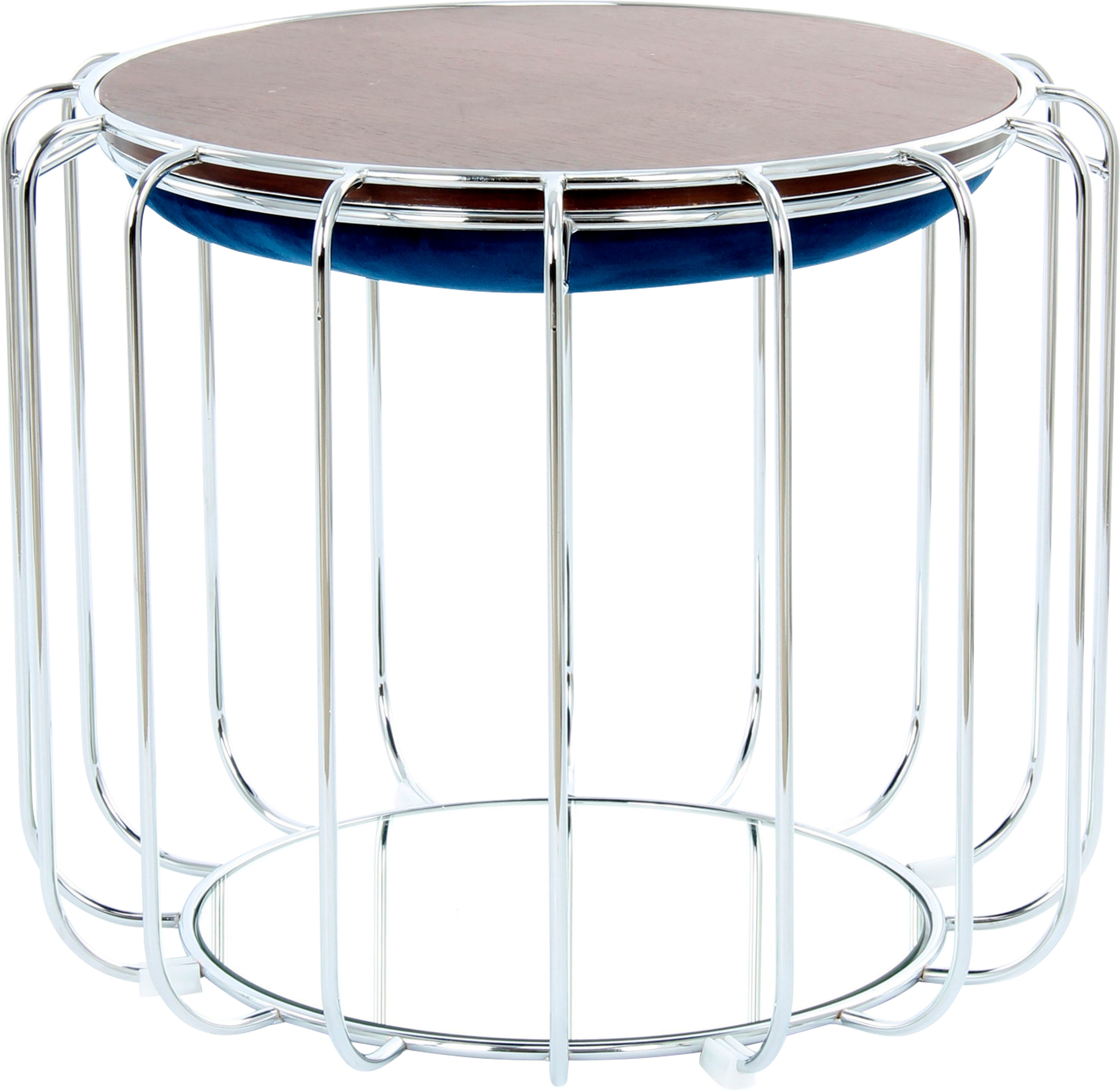 Beistelltisch KAYOOM "Pouf Comfortable 110, abnehmbares und wendbares Oberteil", blau (dunkelblau, silber, silber), B:50cm H:45cm T:50cm, Eisen, MDF, Samtbezug, Schaumstoff, Spiegel, Tische, praktisch umzuwandeln in Tisch oder Hocker, mit Spiegelglas