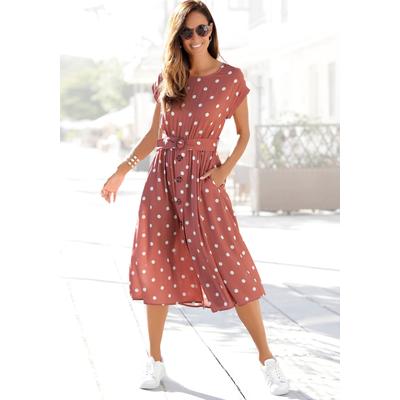 Midikleid LASCANA, Damen, Gr. 42, N-Gr, beige (marsala, creme, bedruckt), Web, Obermaterial: 100% Viskose, gepunktet, modisch, figurumspielend ca. Mitte Wade, Rundhals, Kurzarm Aufschlag, Kleider, mit Punktedruck und Taschen, Sommerkleid, Topseller Image