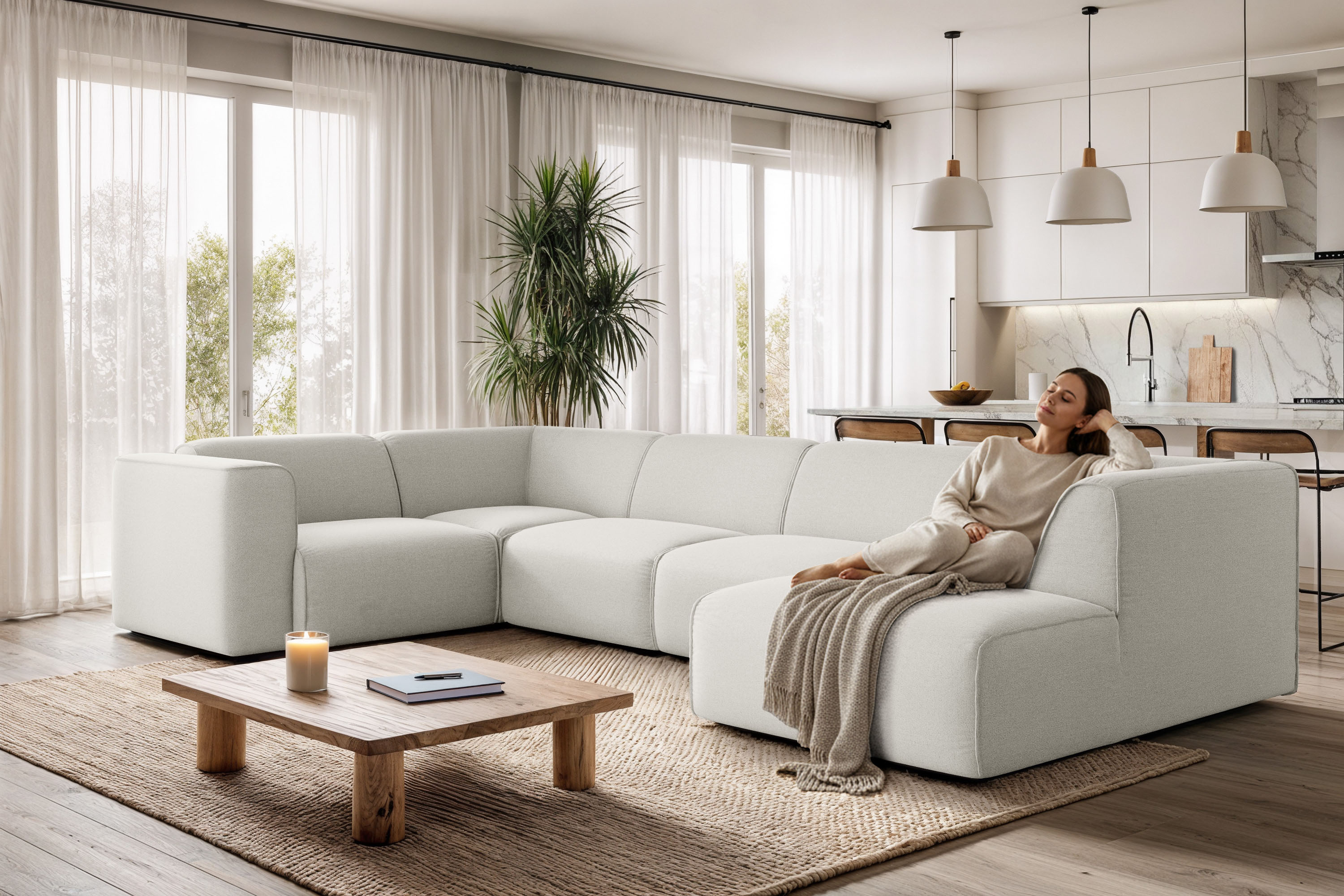 Wohnlandschaft OTTO HOME "Merid U-Form, B: 367 cm", beige (natur), B:367cm H:70cm T:206cm, Struktur fein (100% Polyester);Samtoptik (100% Polyester);Samtcord (92% Polyester, 8% Polyamid), Sofas, Wohnlandschaft, jederzeit durch Module erweiterbar