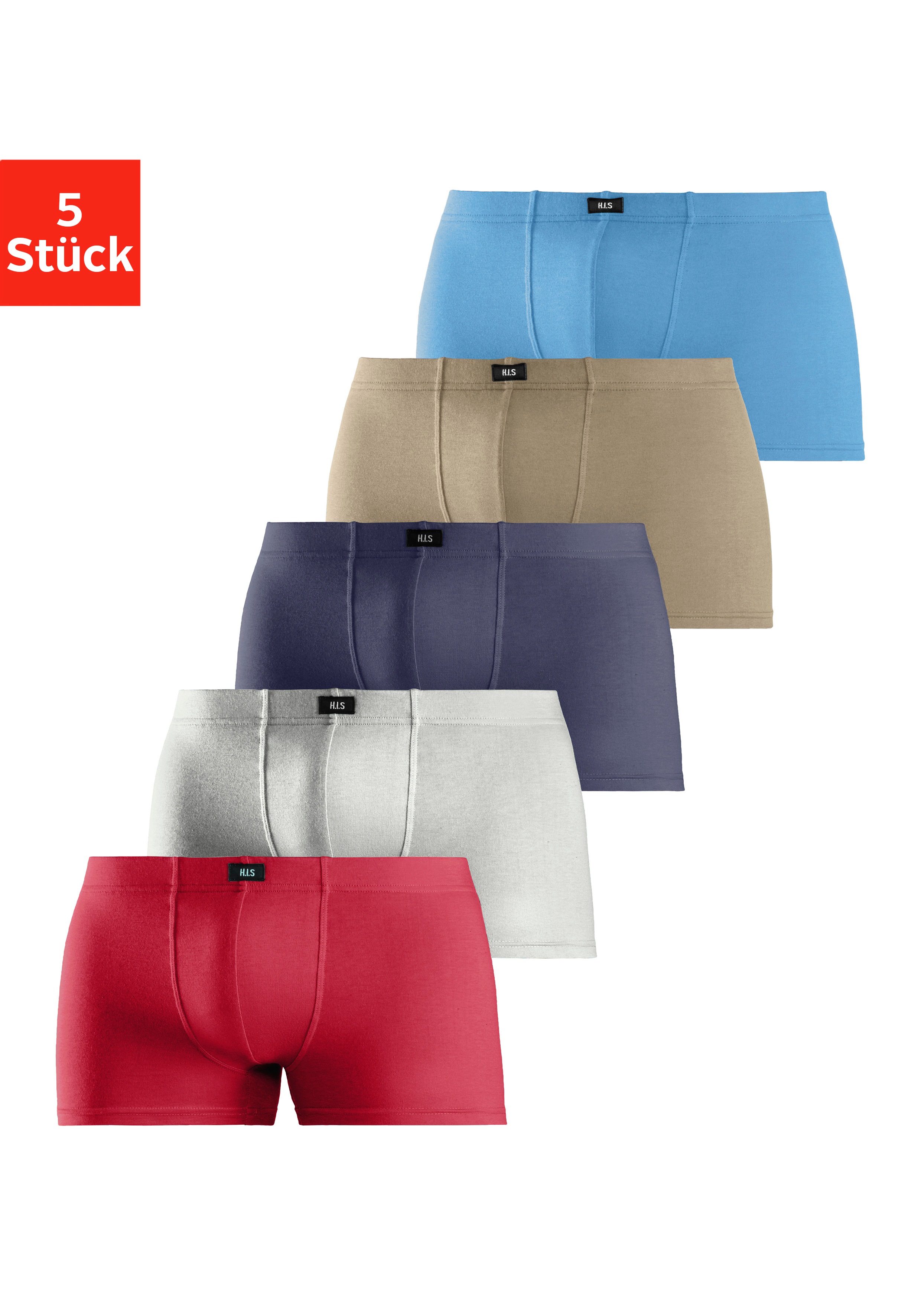 Boxer H.I.S "Boxershorts für Herren", Herren, Gr. 5M, bunt (rot, blau, marine, khaki, grau, meliert), Jersey, Obermaterial: 95% Baumwolle, 5% Elasthan, unifarben, normal, Unterhosen, aus Baumwolle Image