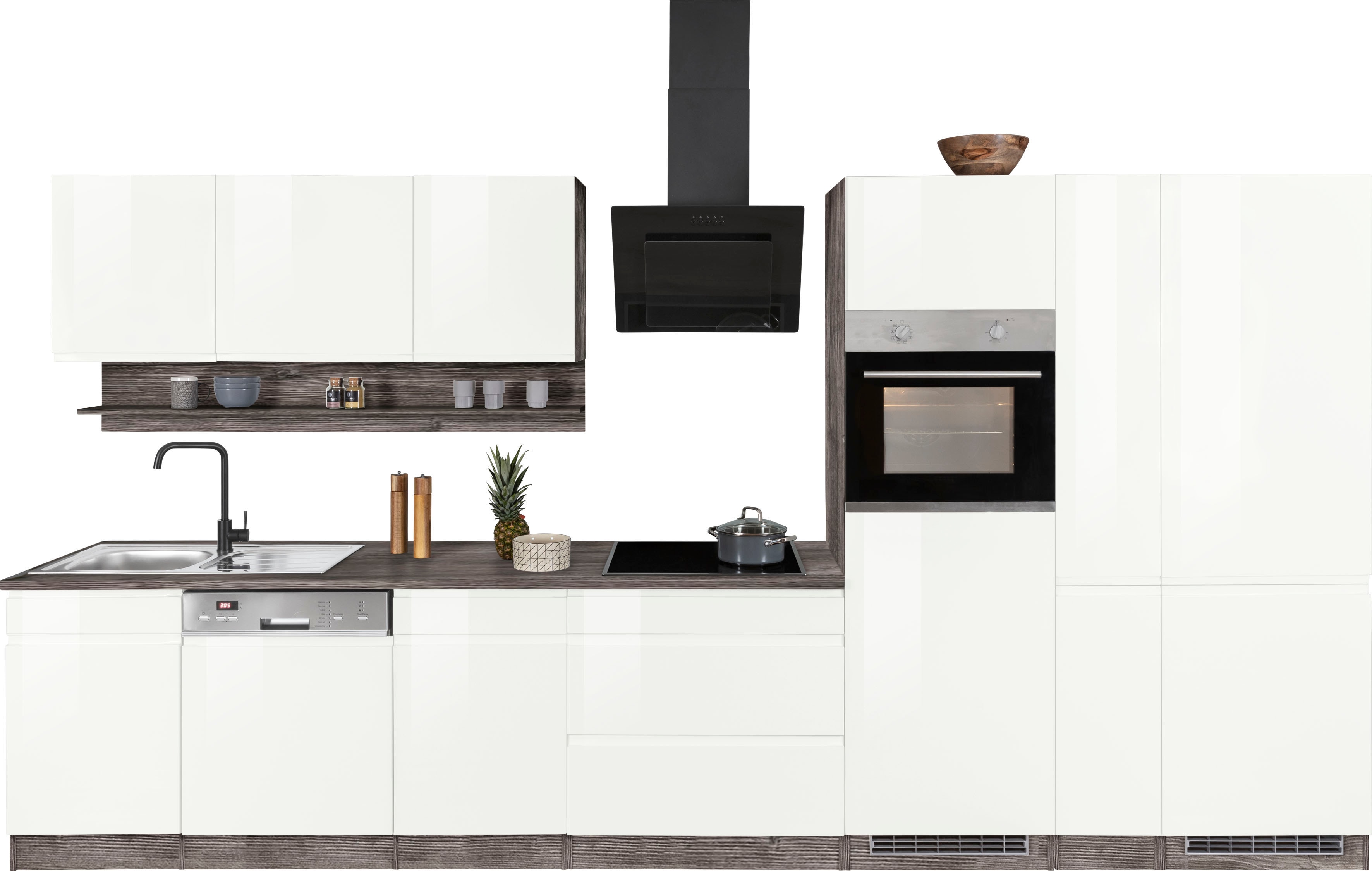 Küchenzeile KOCHSTATION "KS-Virginia", weiß (küche: weiß, front: weiß hochglanz, korpus: eiche vintage, arbeitsplatte: eiche vintage), B:390cm T:60cm, Komplettküchen-Sets, Küchenzeile, Breite 390 cm, ohne E-Geräte