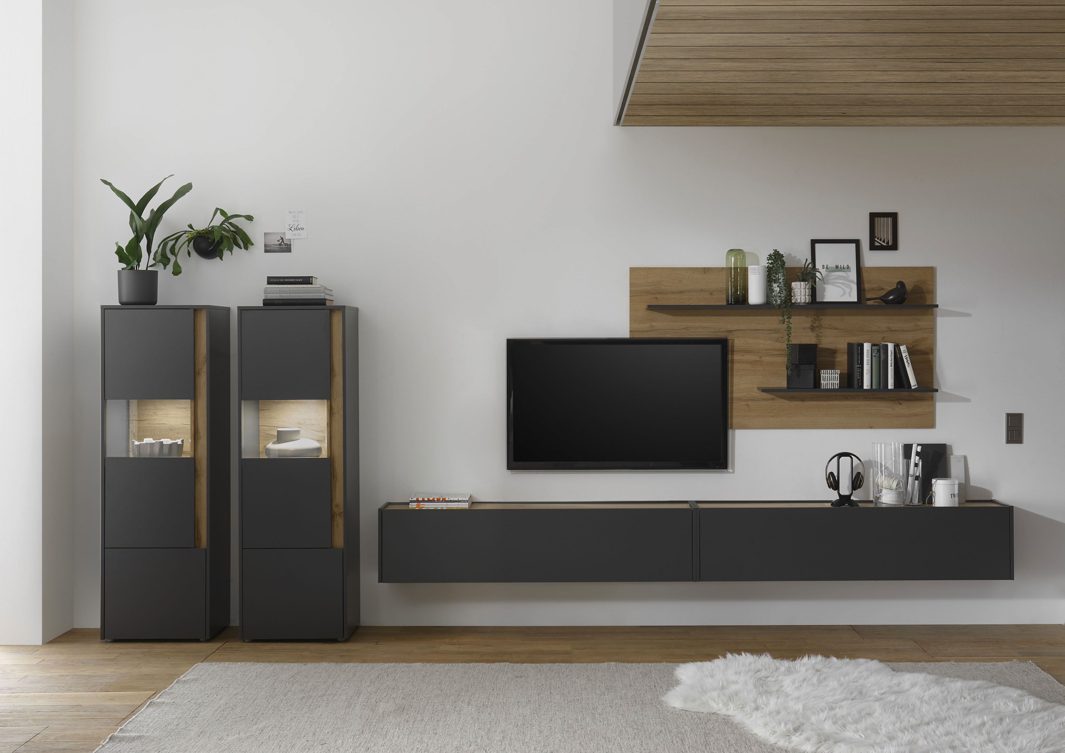 Wohnwand HOME AFFAIRE "City/Giron, moderne Anbauwand, Komplettset in vielen Farben verfügbar", grau (anthrazit), B:440cm H:180cm T:40cm, Holzwerkstoff, Kastenmöbel-Sets, Wohnwand, enthält zwei Vitrinen, zwei Hängeschränke & ein Wandboard